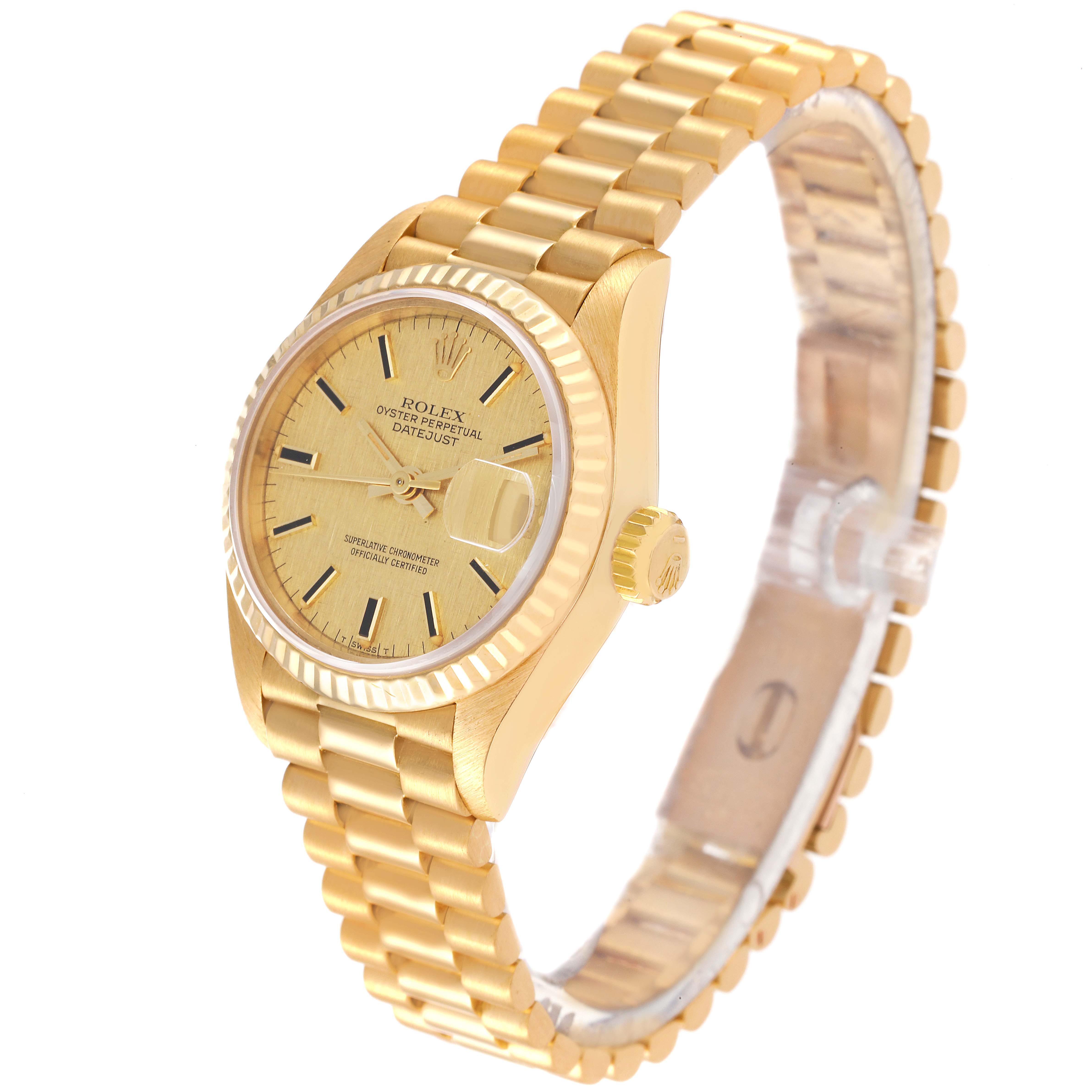 The Rolex President 69178 Women
s Yellow Gold Champagne Dial 69178 Women
s Yellow Gold Champagne Dial model watch is shown at a slight angle, displaying its gold bracelet, bezel, dial, and side crown.