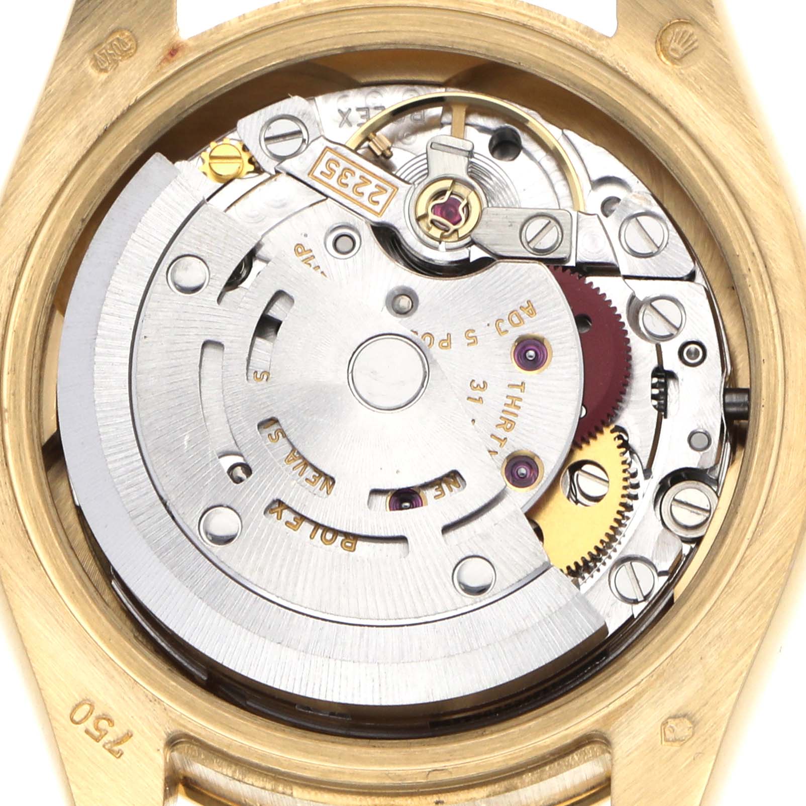 The image shows the movement of a Rolex President 179138 Men's Yellow Gold Mother of Pearl Dial watch from the back, highlighting the rotor and gears.