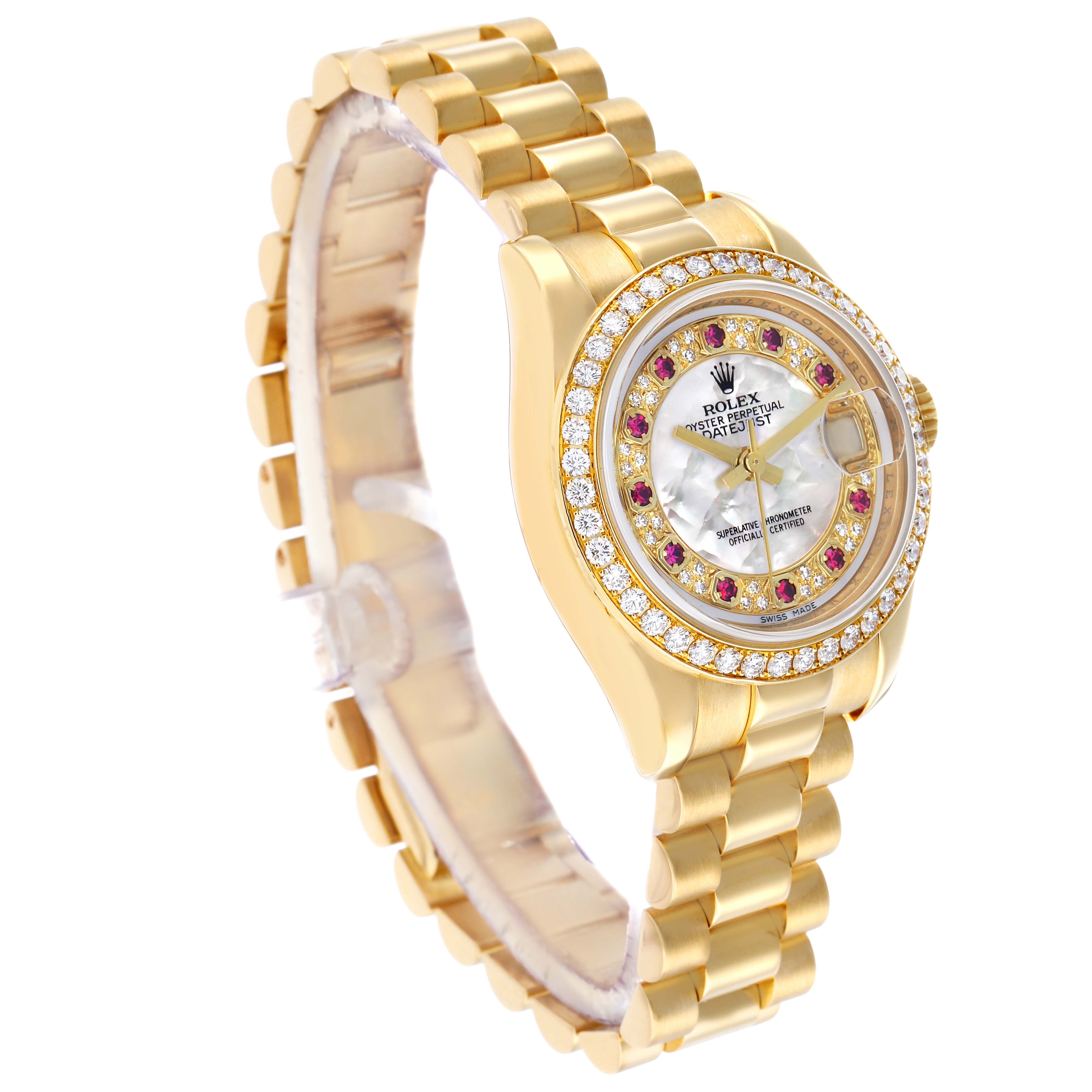 The Rolex President 179138 Men's Yellow Gold Mother of Pearl Dial watch is shown at a slight angle, highlighting the gold bracelet, bezel with diamonds, and face with gem indices.
