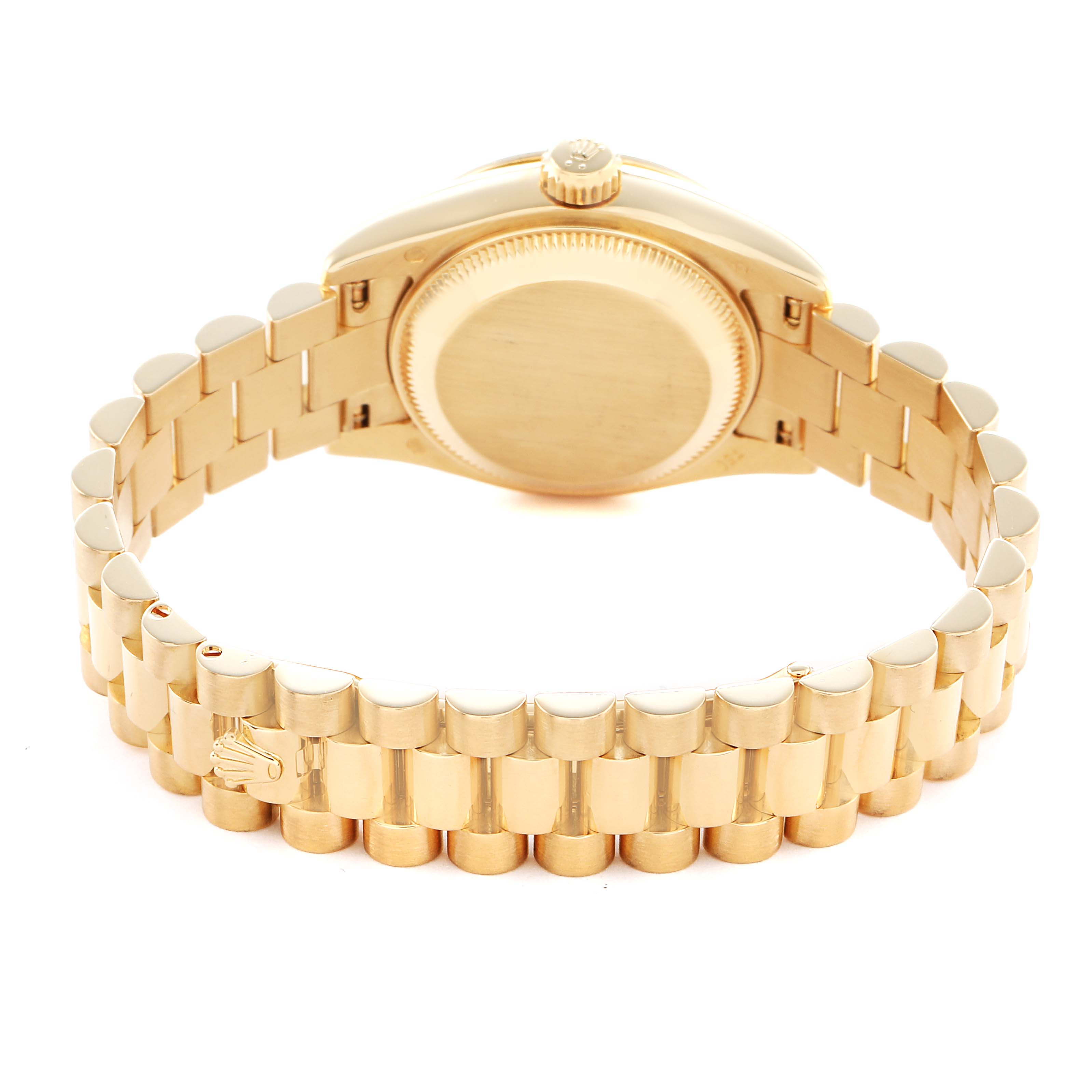 The image shows the back view of a Rolex President 179138 Men's Yellow Gold Mother of Pearl Dial model, highlighting the case back, bracelet, and crown.