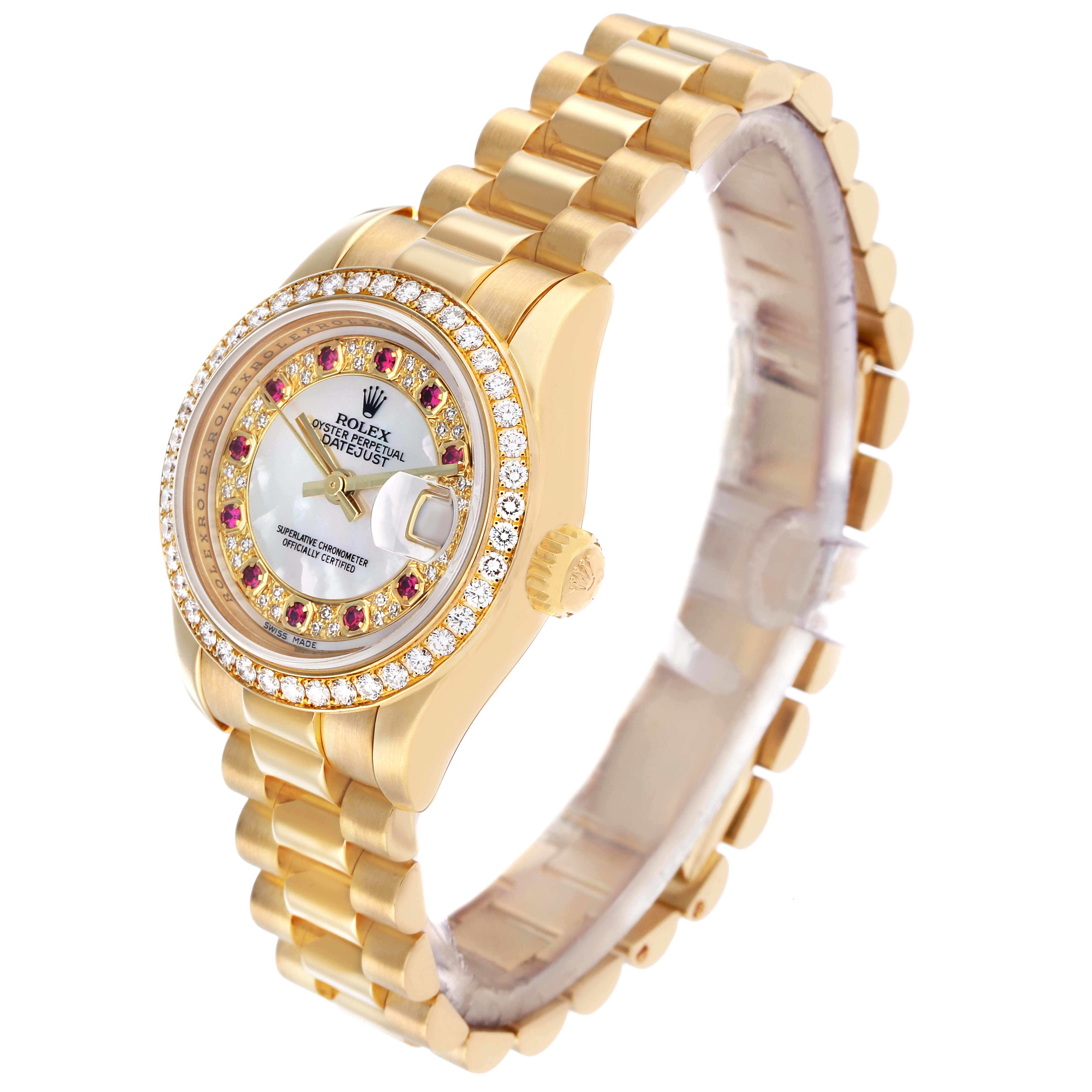 The Rolex President 179138 Men's Yellow Gold Mother of Pearl Dial model watch is shown at an angled side view, highlighting the bracelet, bezel, crown, and face.