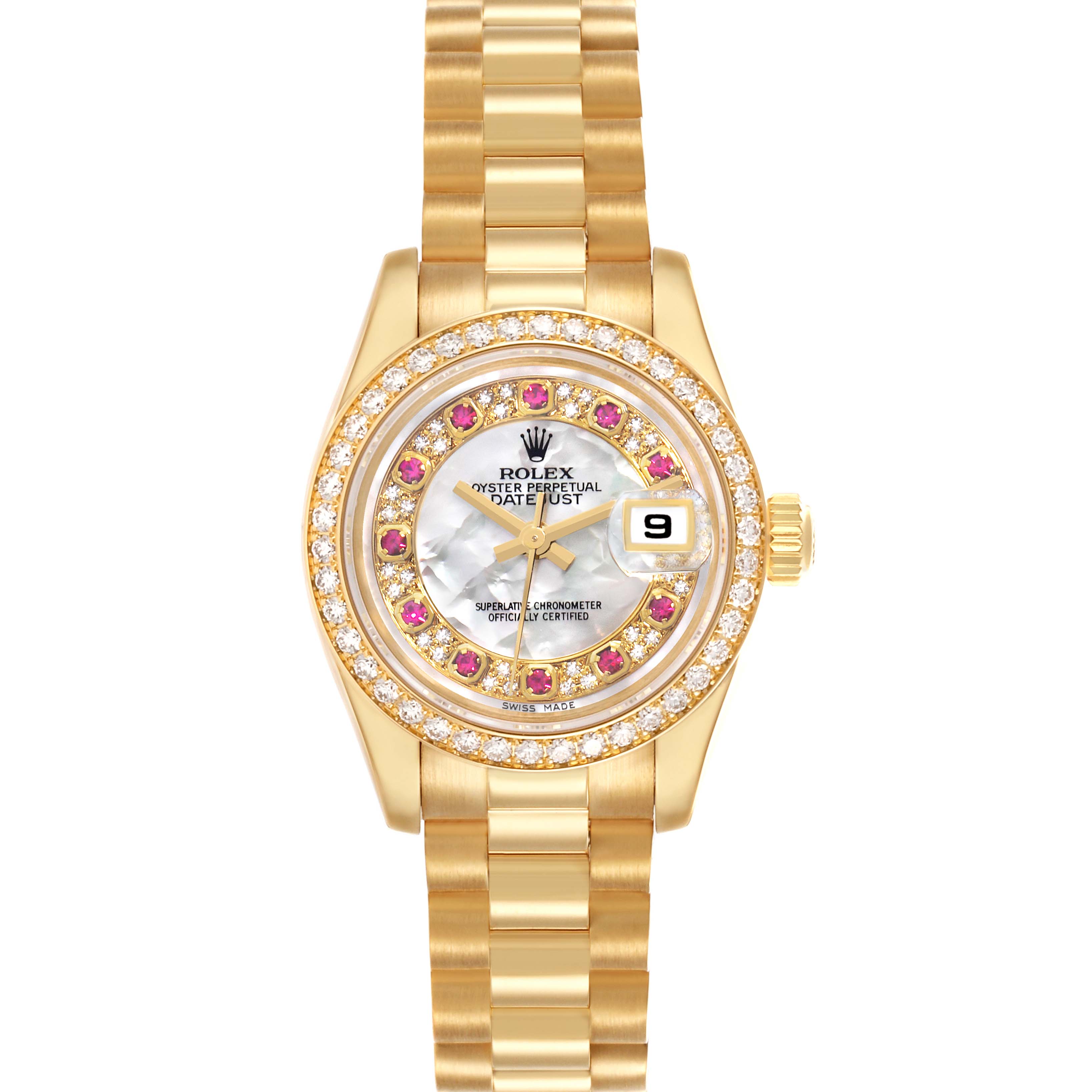 The Rolex President 179138 Men's Yellow Gold Mother of Pearl Dial watch is shown from a top-down angle, highlighting its gold bracelet, diamond-encrusted bezel, and dial.