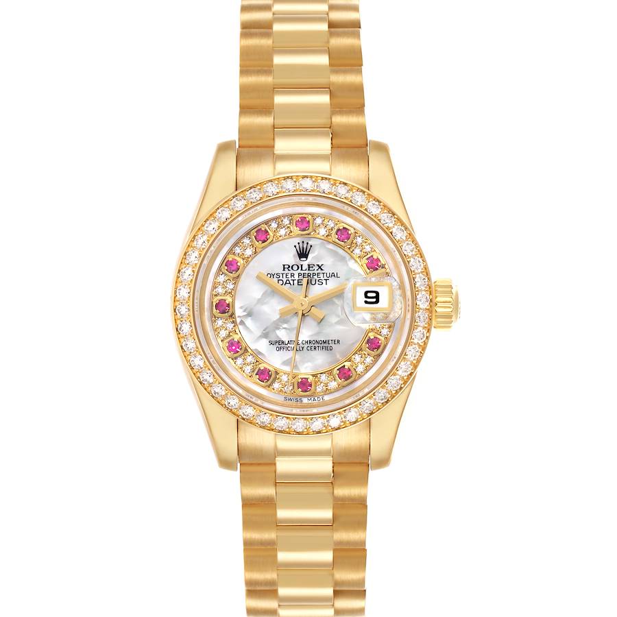 The Rolex President 179138 Men's Yellow Gold Mother of Pearl Dial watch is shown from a top-down angle, highlighting its gold bracelet, diamond-encrusted bezel, and dial.