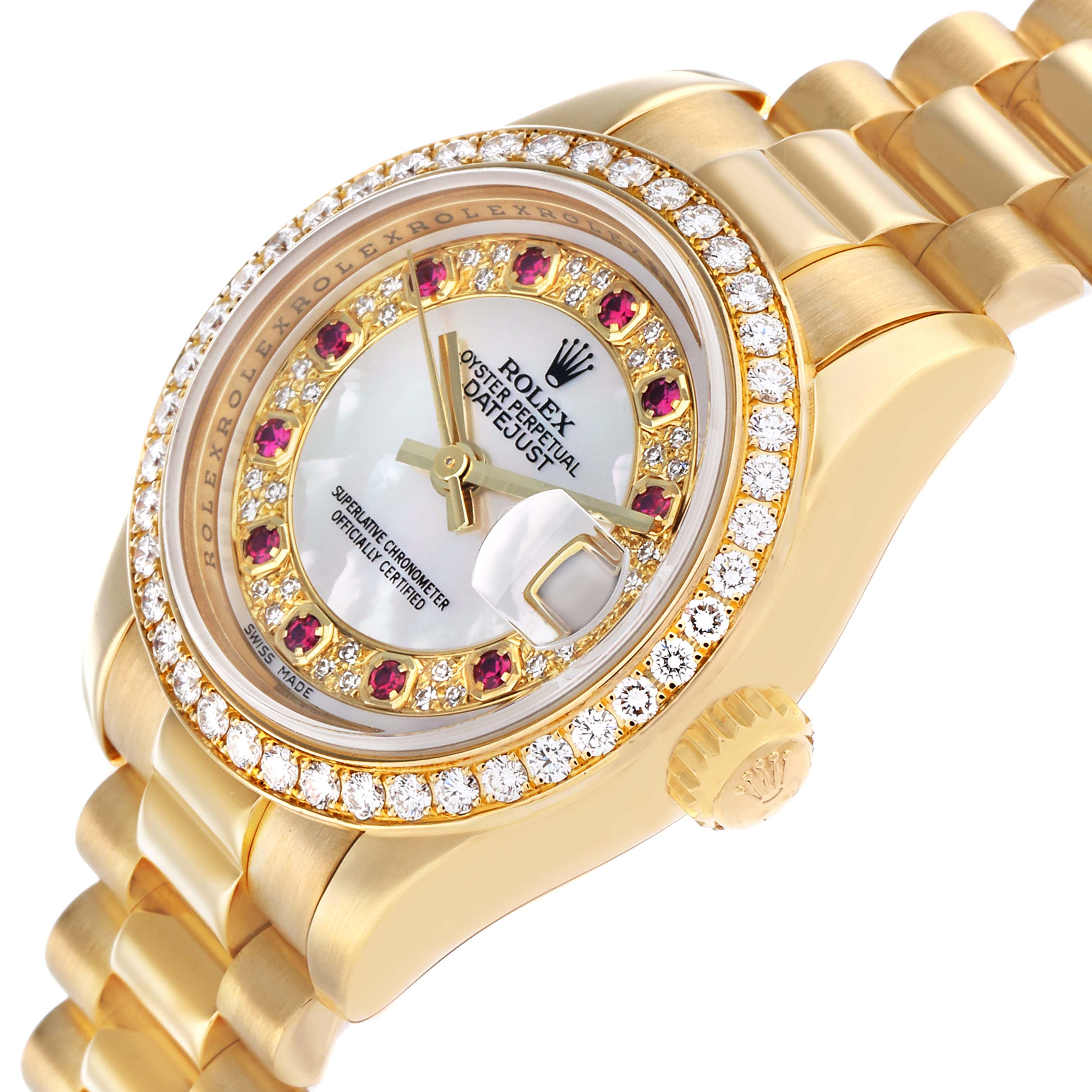 The Rolex President 179138 Men's Yellow Gold Mother of Pearl Dial watch is shown at an angled view, displaying its diamond bezel, dial, and bracelet details.