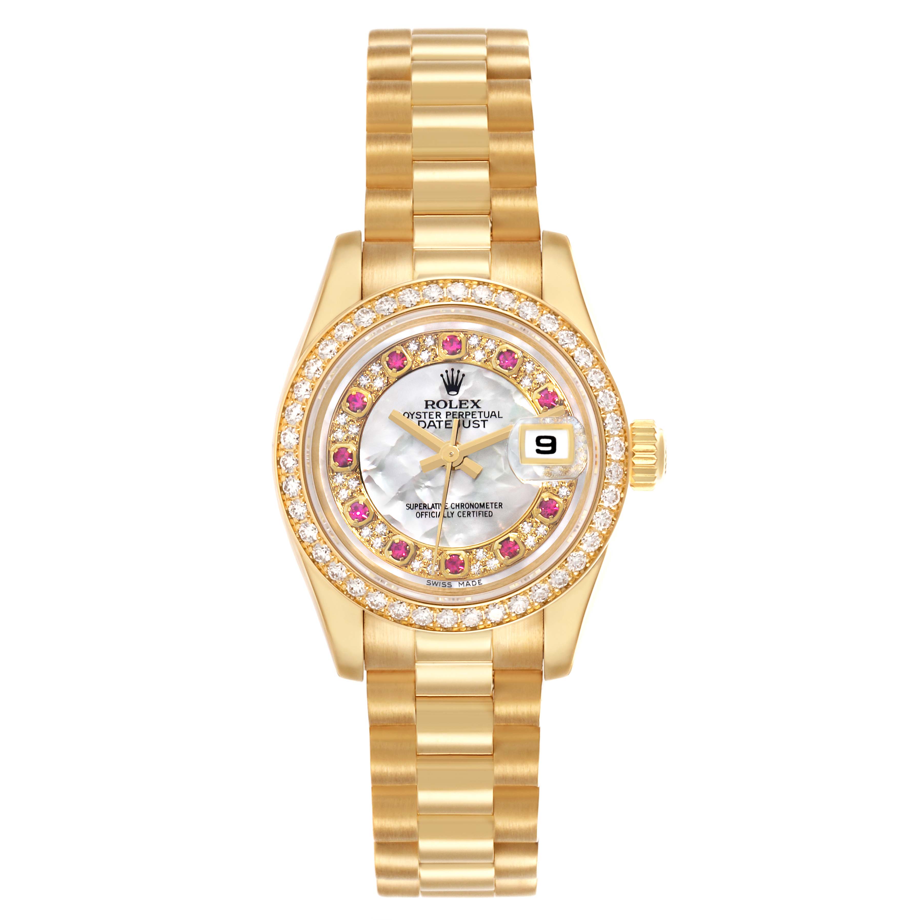 The image shows a frontal view of a Rolex President 179138 Men's Yellow Gold Mother of Pearl Dial model, displaying the face, bezel, and bracelet.