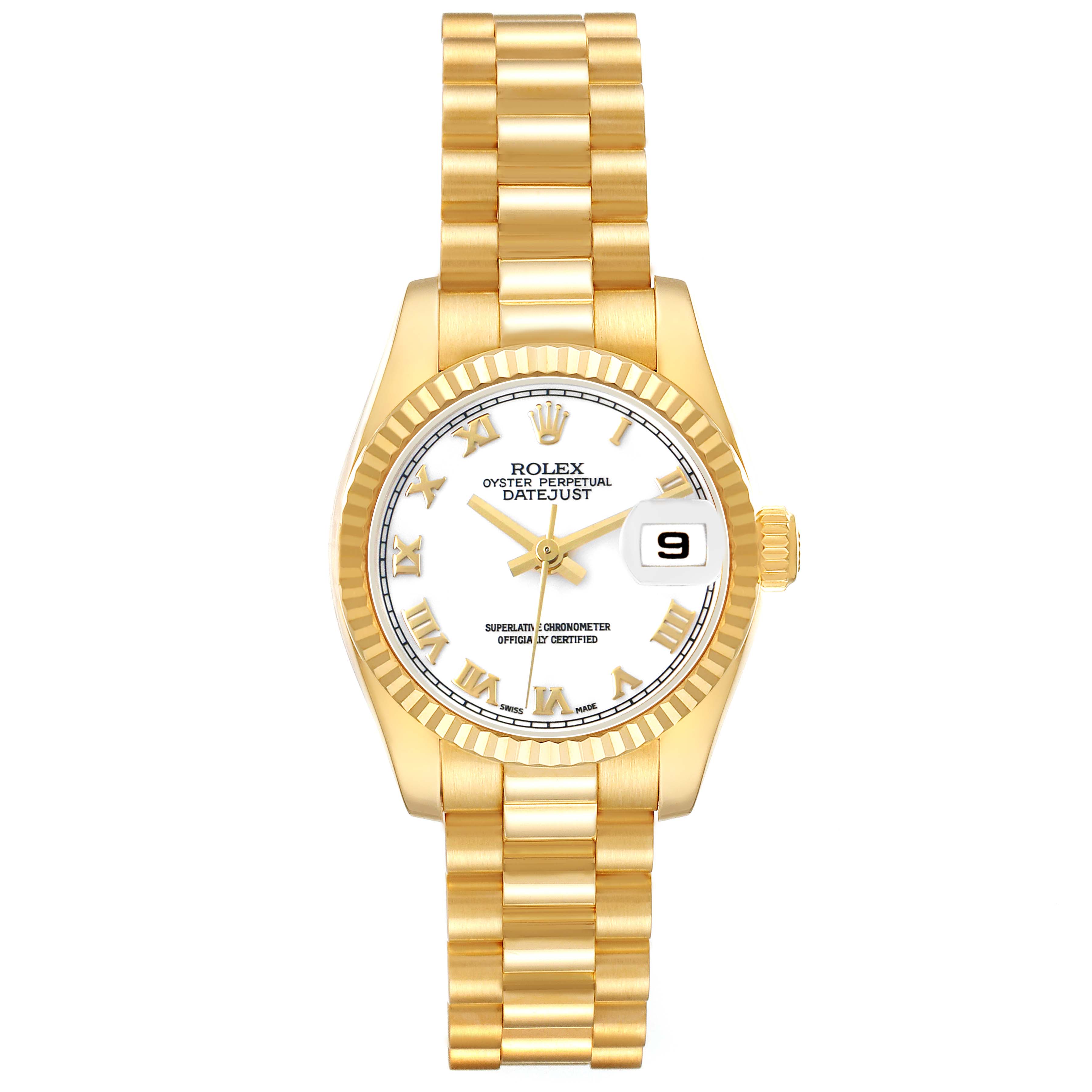 The Rolex President 179178 Women's Yellow Gold White Dial model is shown from a front angle, displaying the dial, bezel, crown, and bracelet.