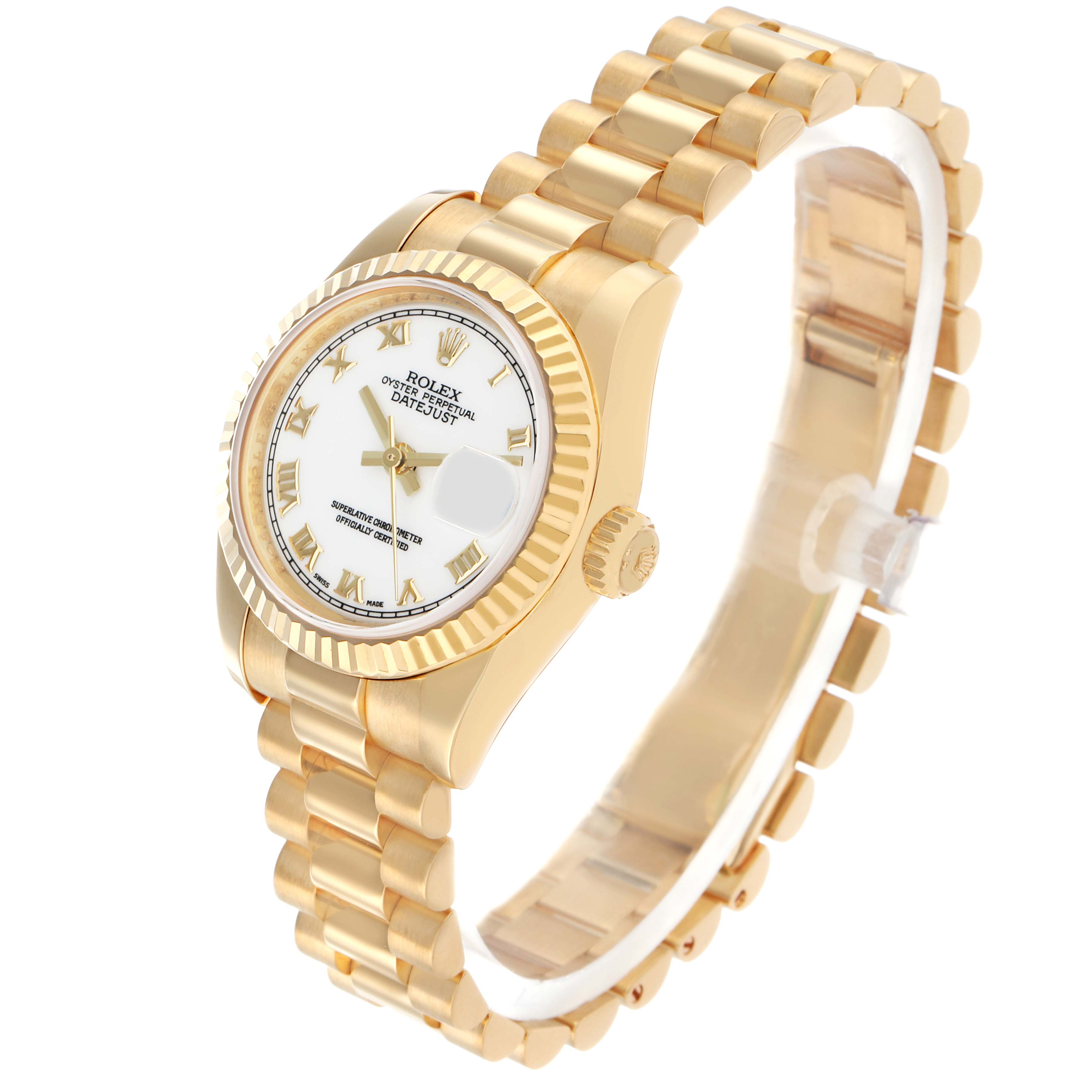 The Rolex President 179178 Women's Yellow Gold White Dial model watch is shown at a three-quarter angle, highlighting its gold bracelet and white dial with Roman numerals.