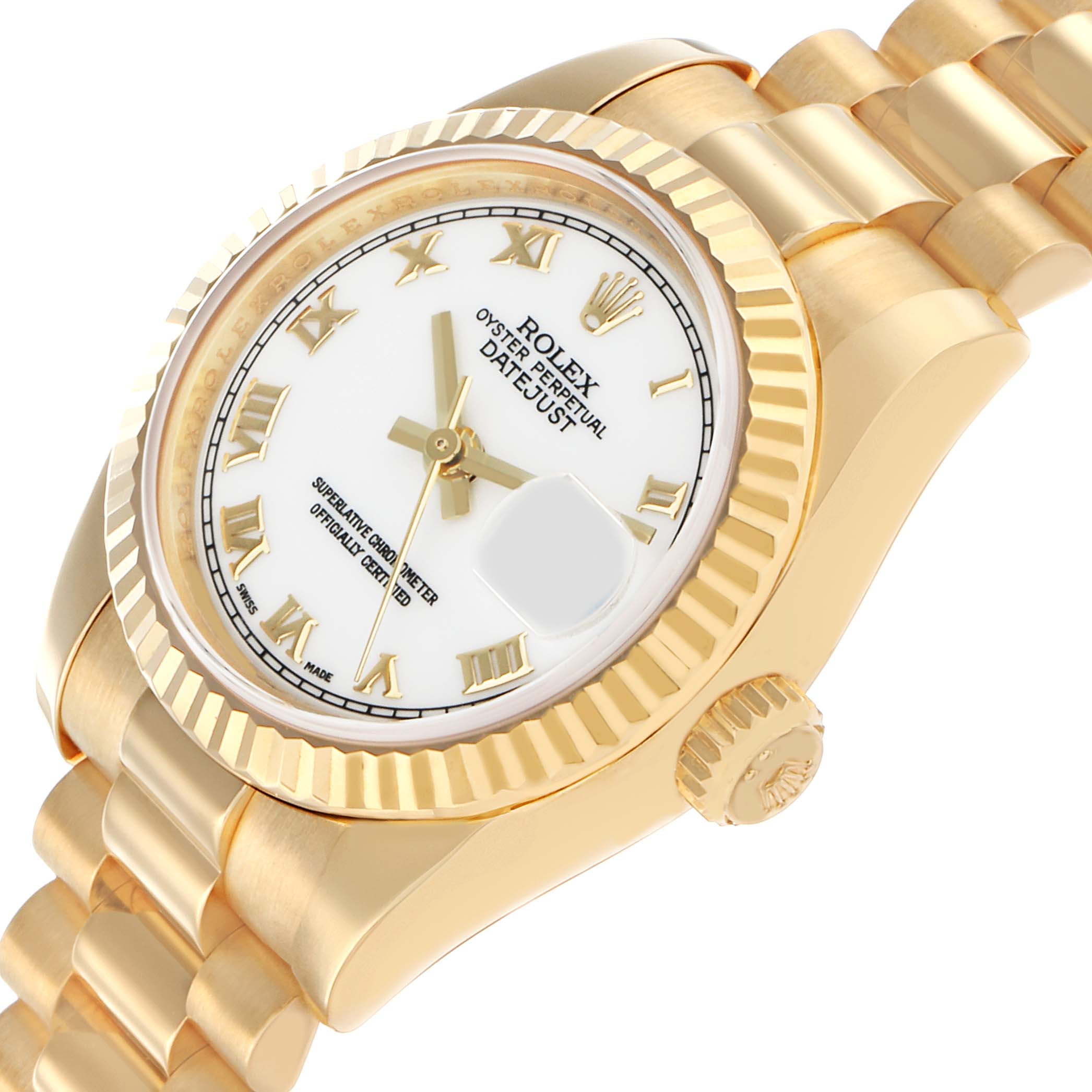 The Rolex President 179178 Women's Yellow Gold White Dial model watch is shown at an oblique angle, highlighting the dial, fluted bezel, and part of the bracelet.