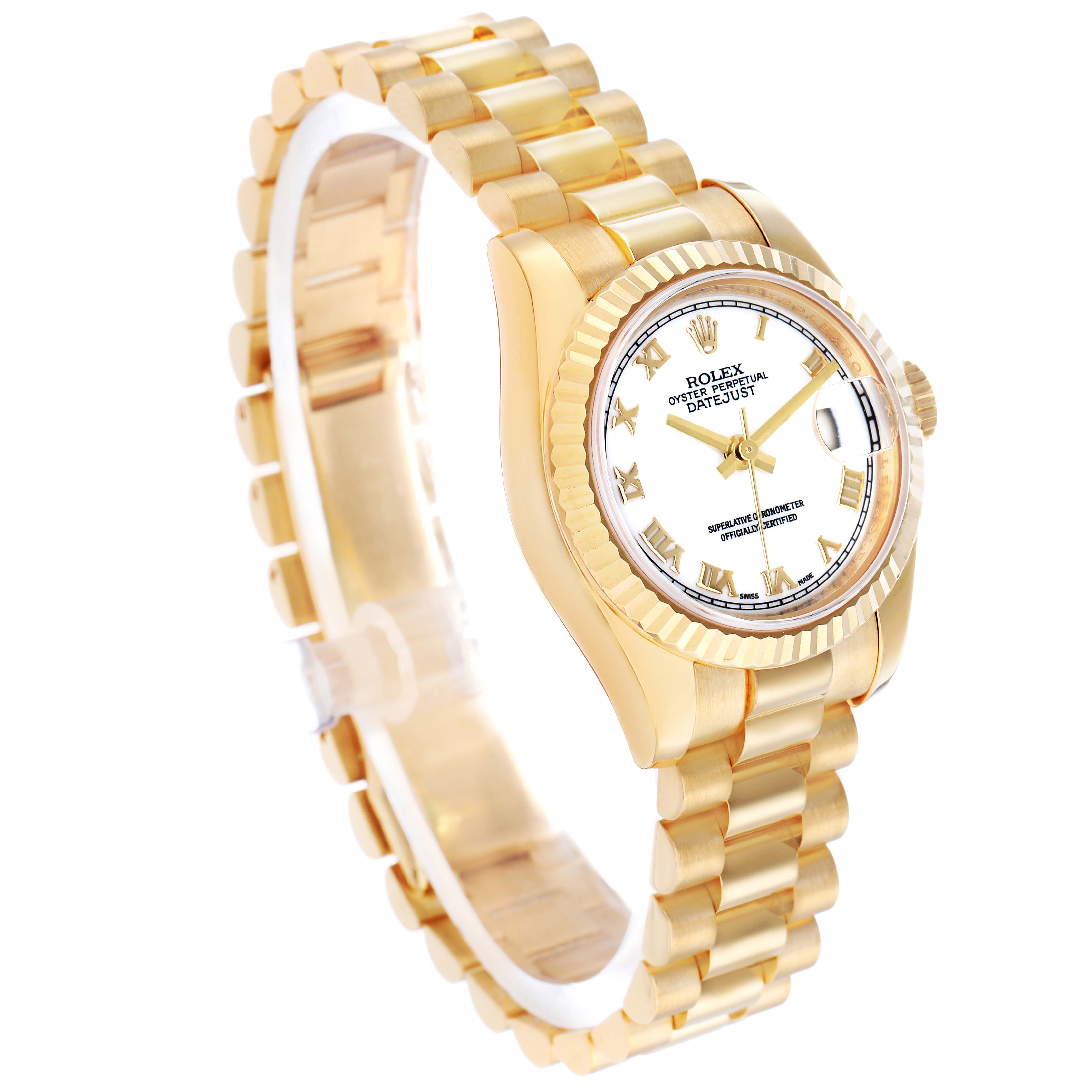 The Rolex President 179178 Women's Yellow Gold White Dial model is shown from a three-quarter angle, highlighting the bracelet, case, and face.
