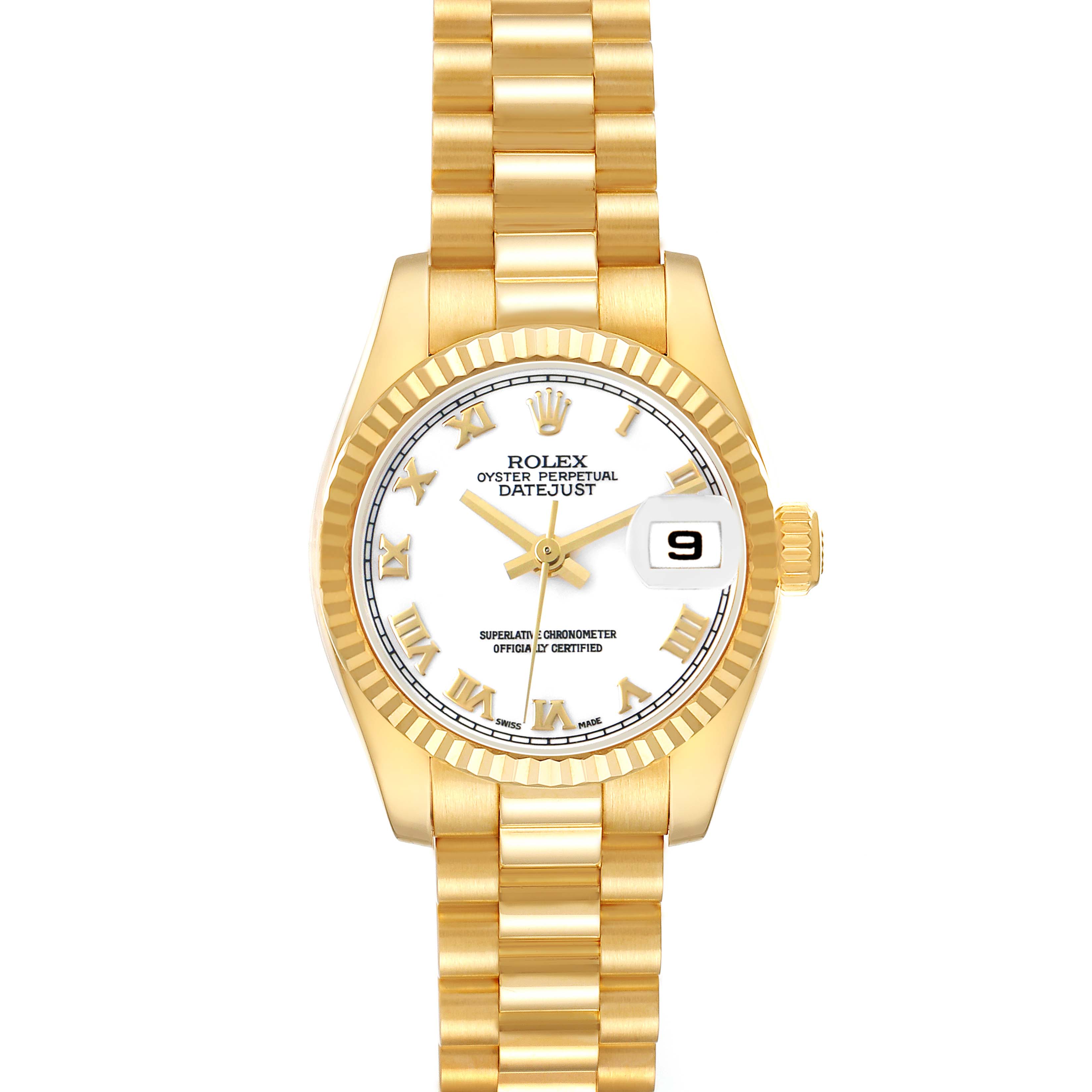 The Rolex President 179178 Women's Yellow Gold White Dial model watch is shown from a top-down angle, highlighting the bracelet, dial, and date feature.