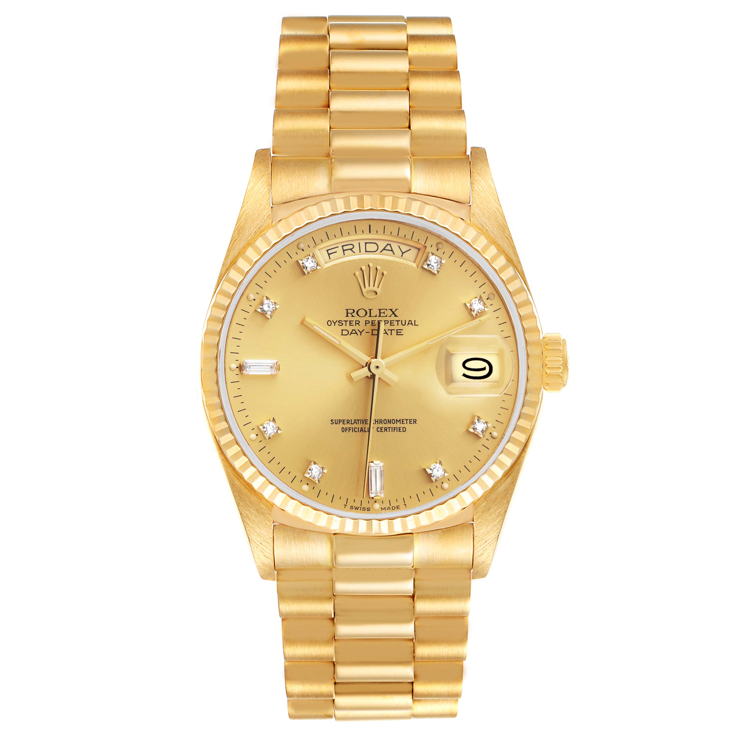 The image shows a front view of the Rolex President 18038 Men
s Yellow Gold Champagne Dial 18038 Men
s Yellow Gold Champagne Dial model watch, displaying the dial, bracelet, and crown.