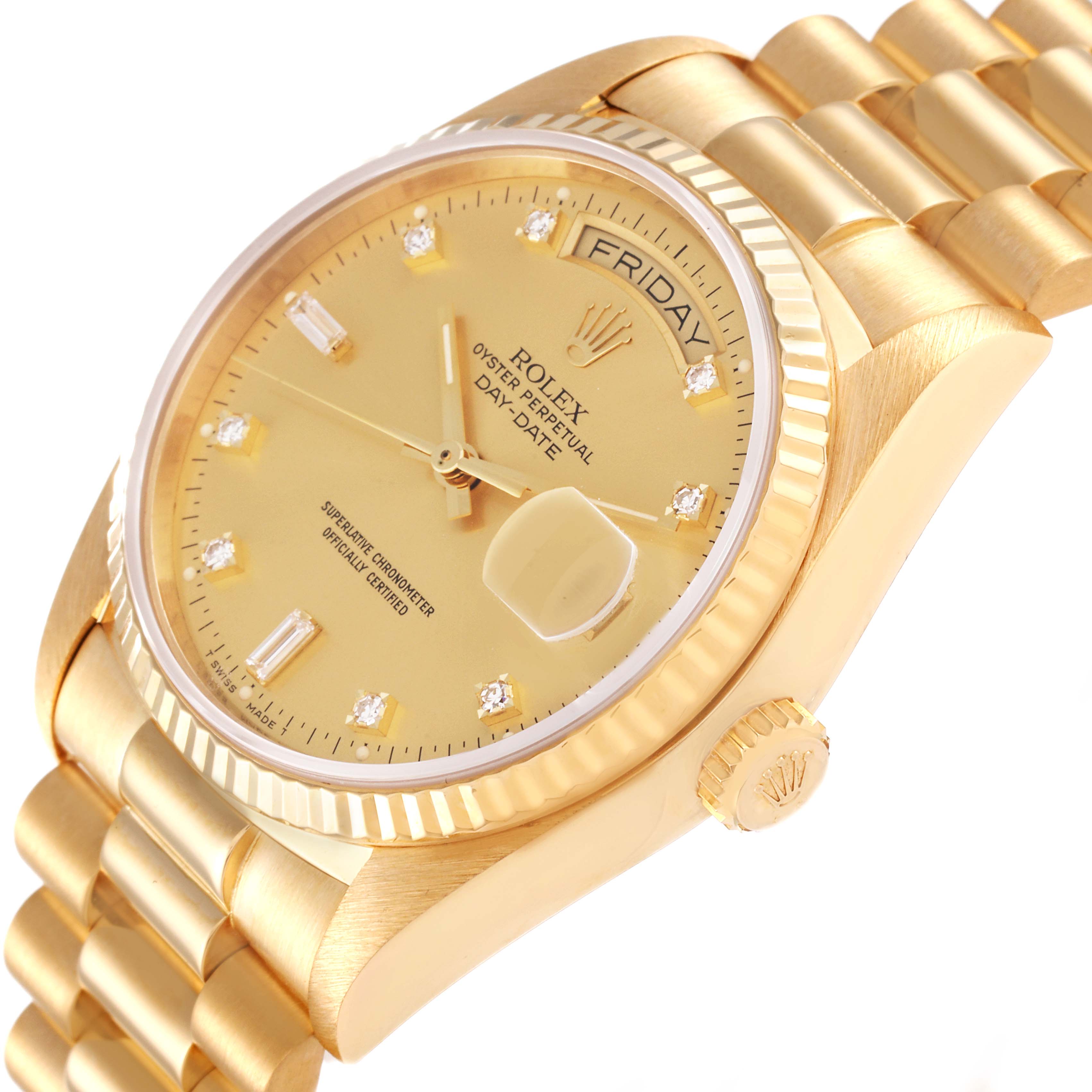 The image shows a close-up angle of a Rolex President 18038 Men
s Yellow Gold Champagne Dial 18038 Men
s Yellow Gold Champagne Dial model watch, highlighting its face, crown, and part of the bracelet.