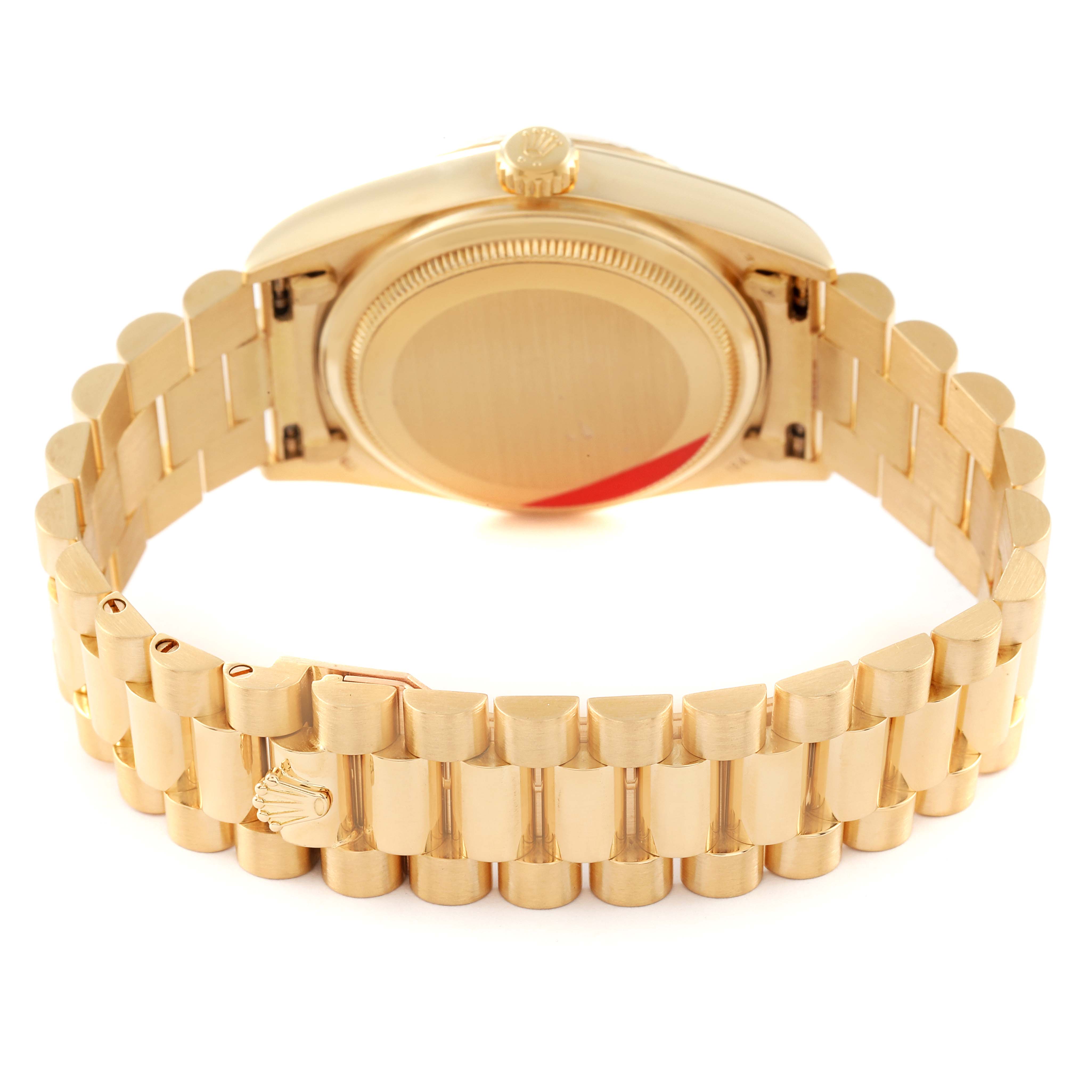 This image shows the back view of a Rolex President 18038 Men
s Yellow Gold Champagne Dial 18038 Men
s Yellow Gold Champagne Dial model watch, focusing on the bracelet and case back.