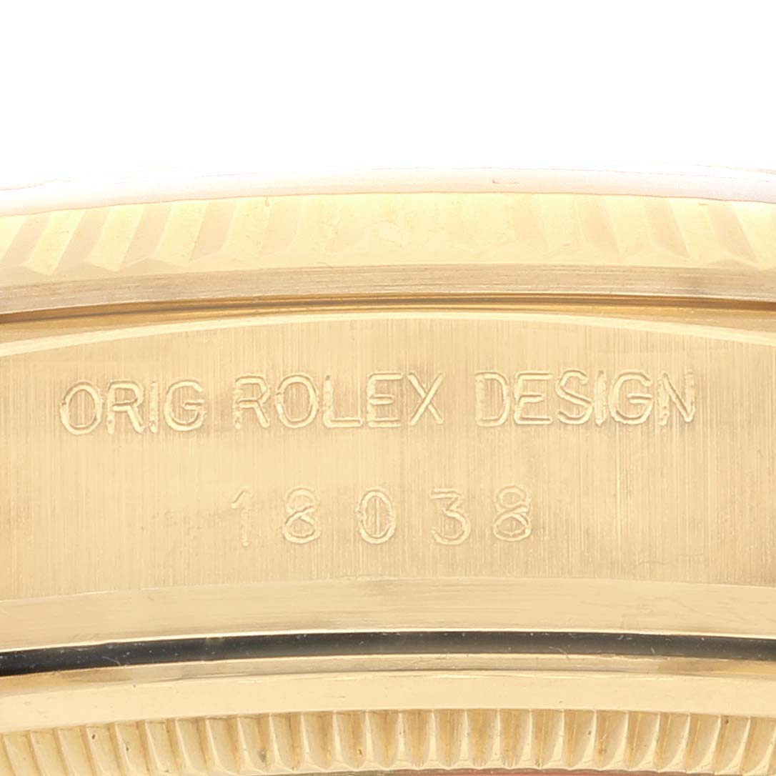 This image shows a close-up of the case back engraving on a Rolex President 18038 Men
s Yellow Gold Champagne Dial 18038 Men
s Yellow Gold Champagne Dial model watch.
