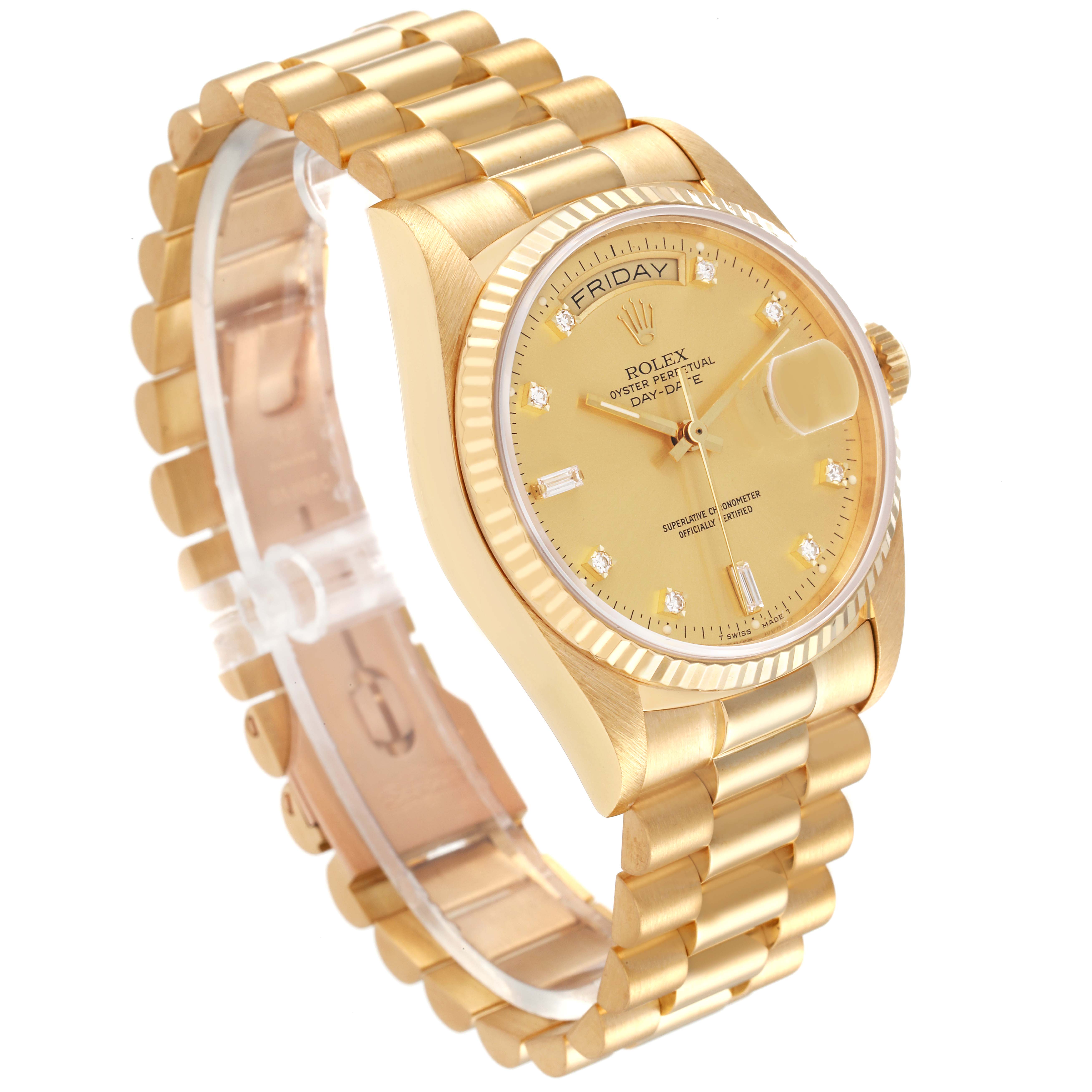 The image shows a side view of the Rolex President 18038 Men
s Yellow Gold Champagne Dial 18038 Men
s Yellow Gold Champagne Dial model watch, highlighting its bracelet, dial, and crown.