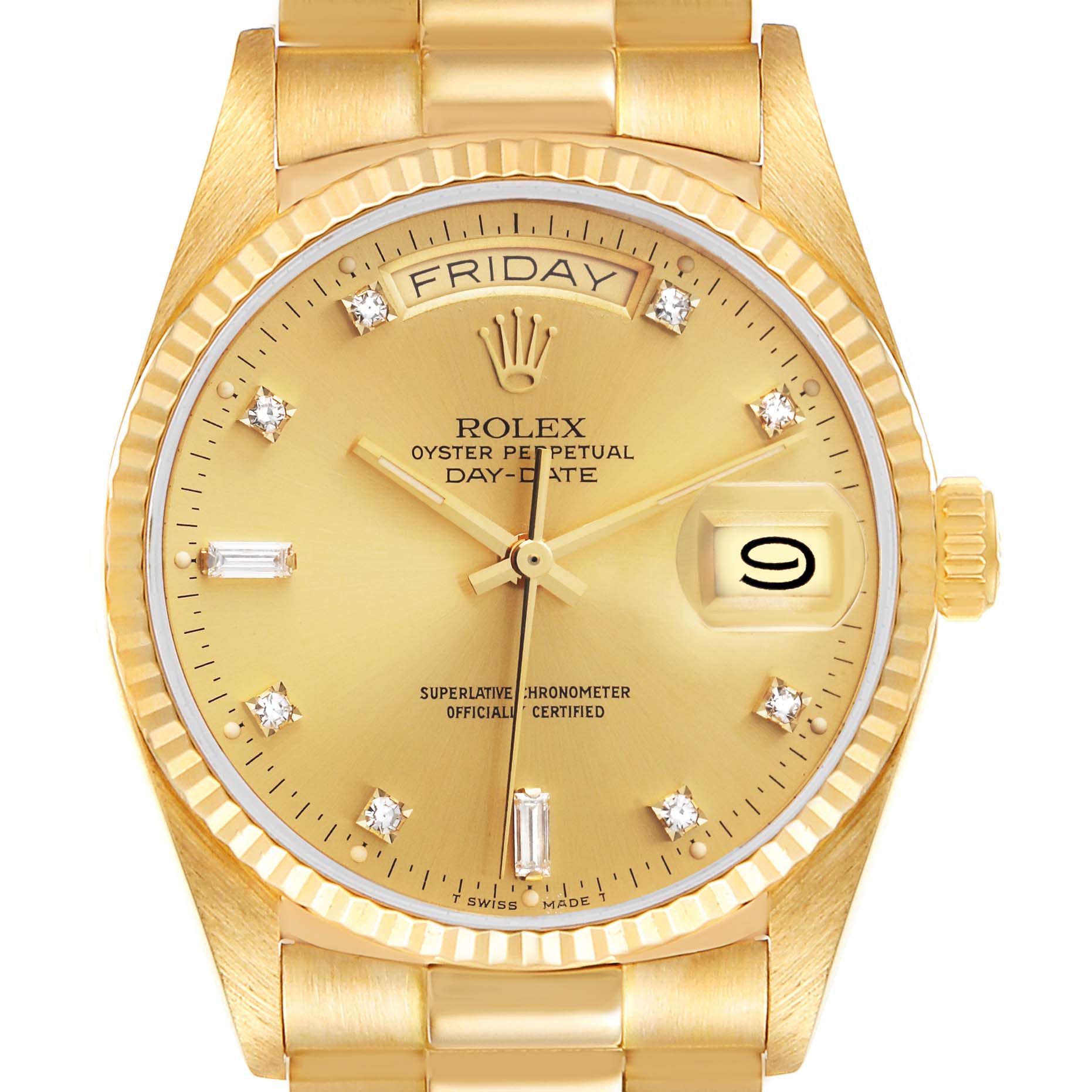 This image shows a front view of a Rolex President 18038 Men
s Yellow Gold Champagne Dial 18038 Men
s Yellow Gold Champagne Dial Day-Date watch with a gold case, fluted bezel, and diamond hour markers.