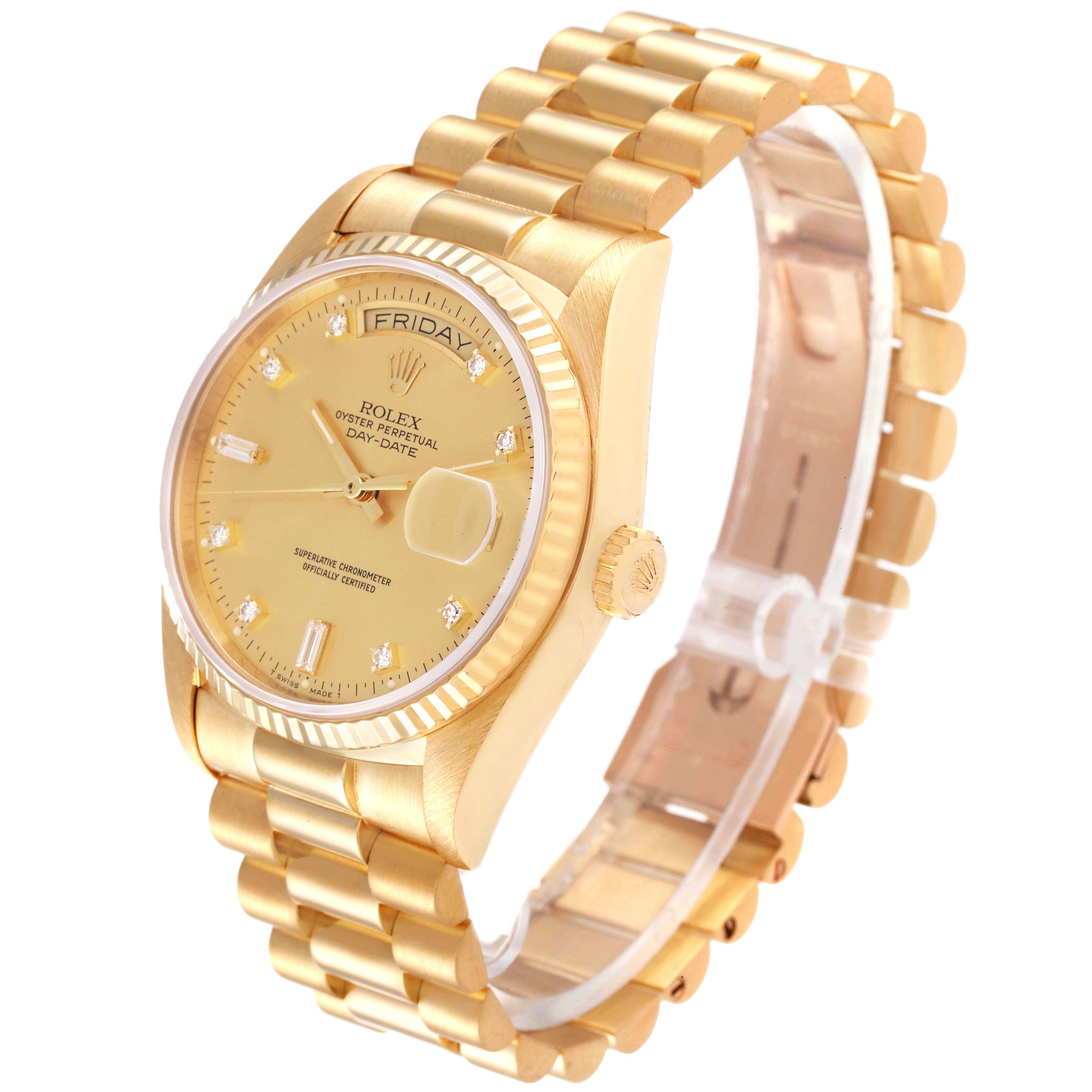 The image shows a Rolex President 18038 Men
s Yellow Gold Champagne Dial 18038 Men
s Yellow Gold Champagne Dial model watch at a 3/4 angle, highlighting the bezel, dial, case, bracelet, and crown.