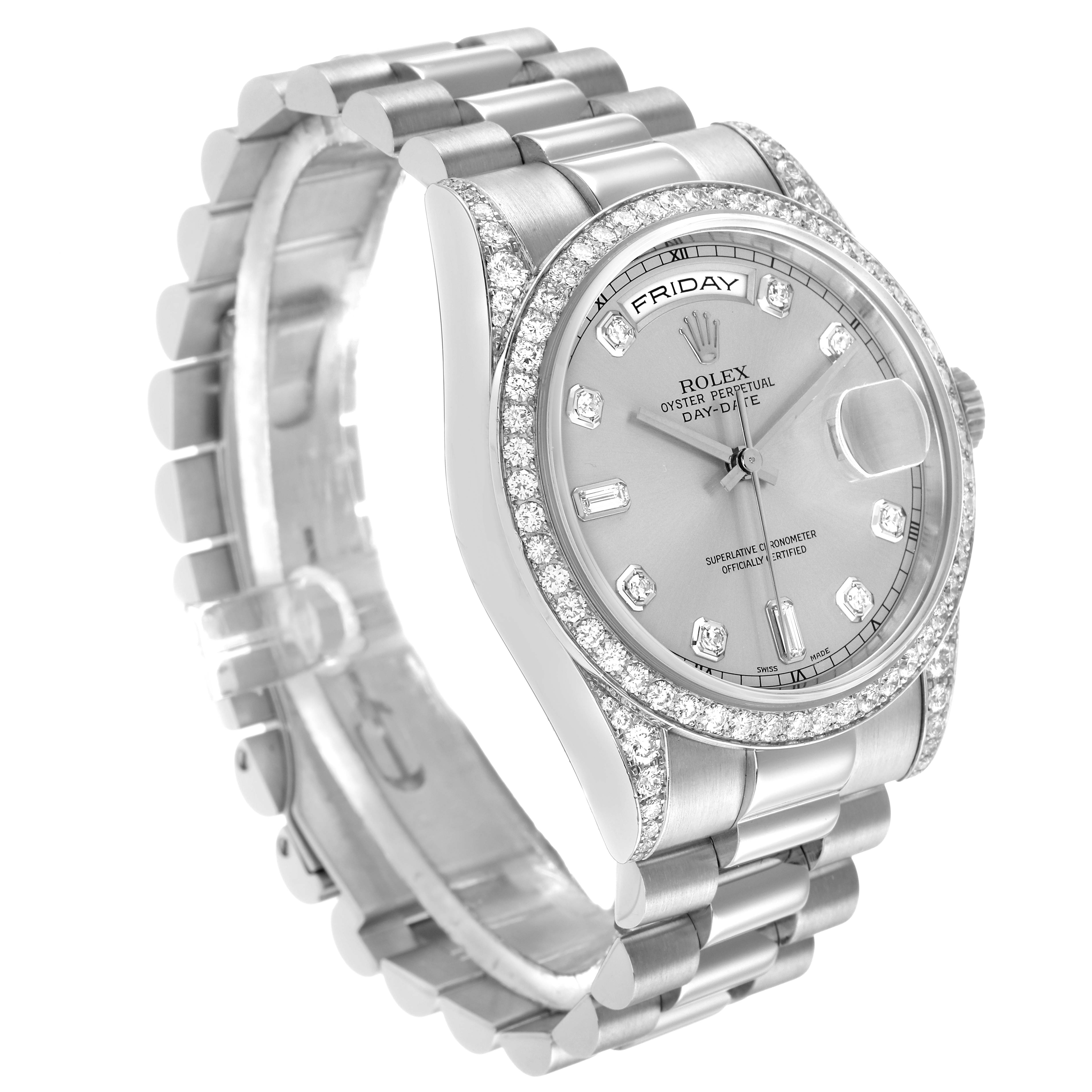 The Rolex President 118386 Men's Platinum Silver Dial watch is shown at a three-quarter angle displaying the bracelet, bezel, and face with day-date features.