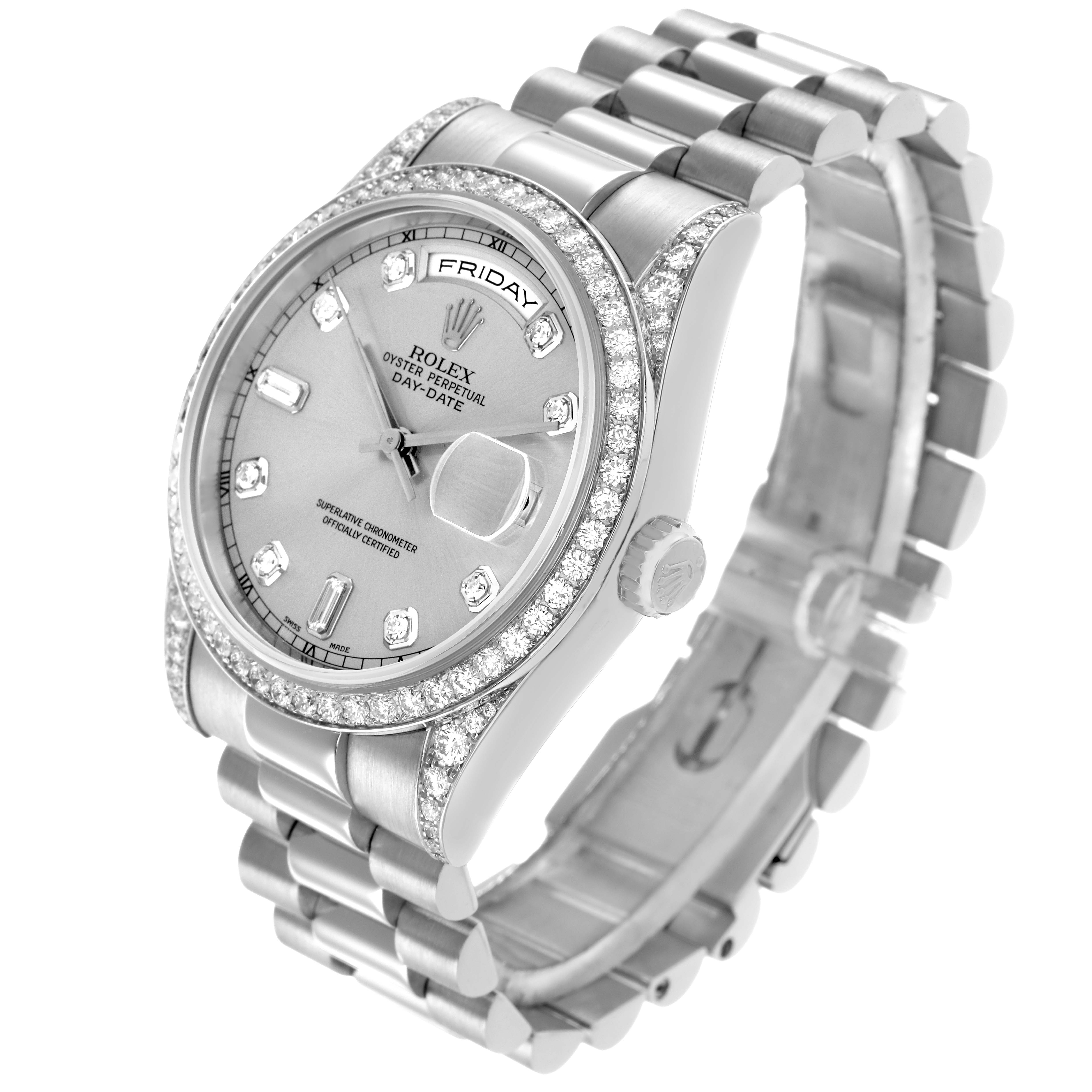 The Rolex President 118386 Men's Platinum Silver Dial watch is shown at a slight angle highlighting the dial, bezel, and part of the bracelet.