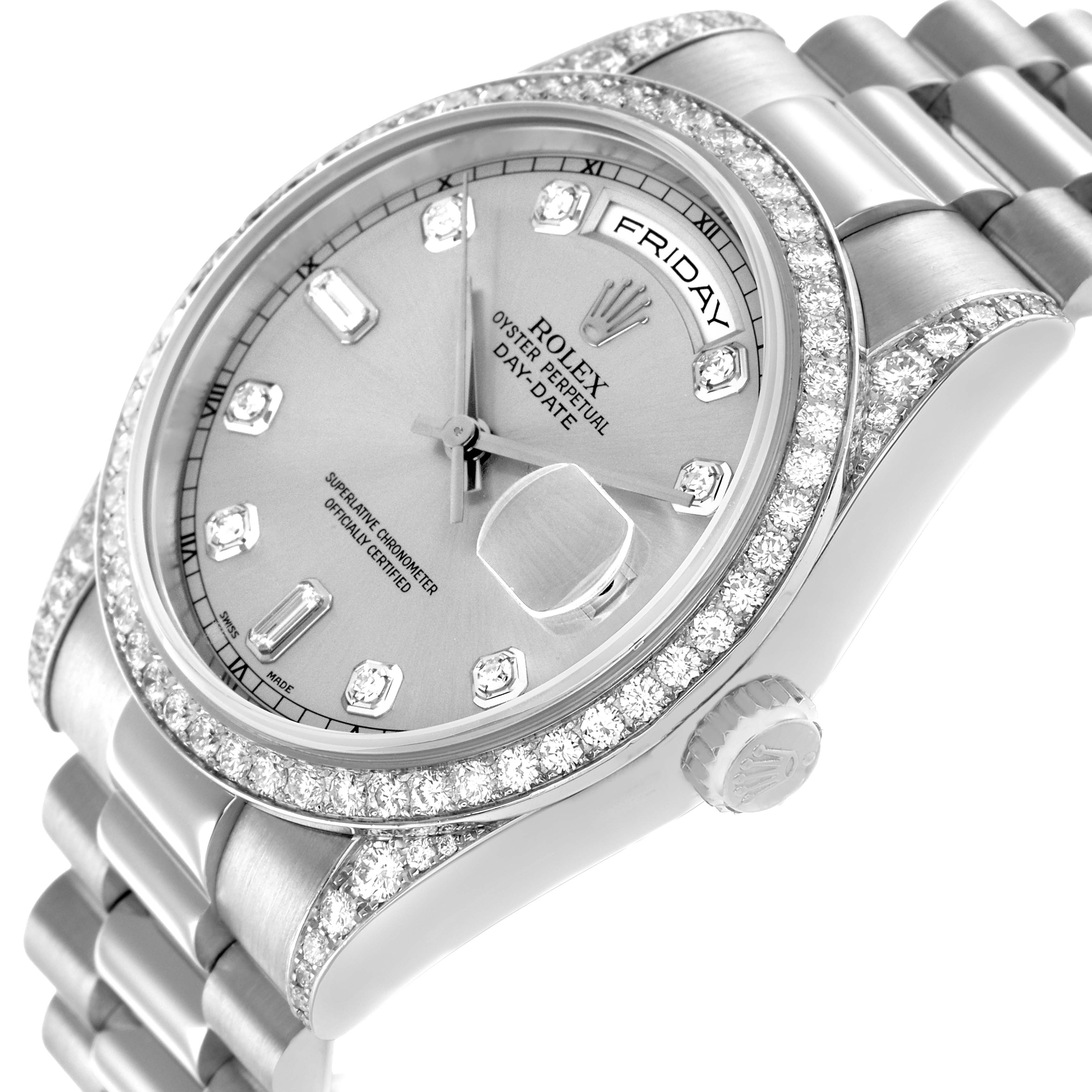 The Rolex President 118386 Men's Platinum Silver Dial model is shown at an angled top-side view, highlighting the diamond bezel, dial, and bracelet.