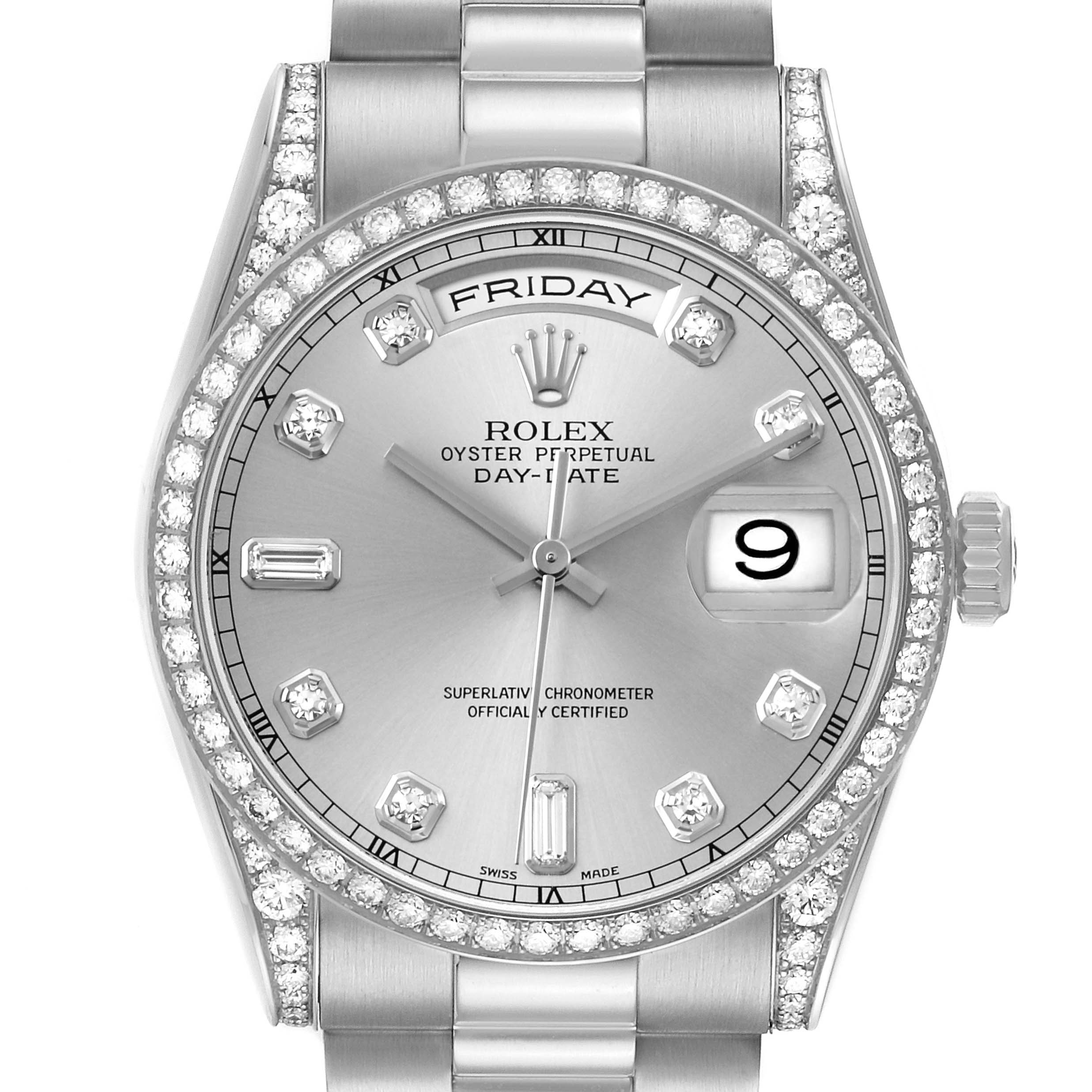 The Rolex President 118386 Men's Platinum Silver Dial model watch is shown from a front angle, highlighting the diamond bezel, dial, day, and date displays.