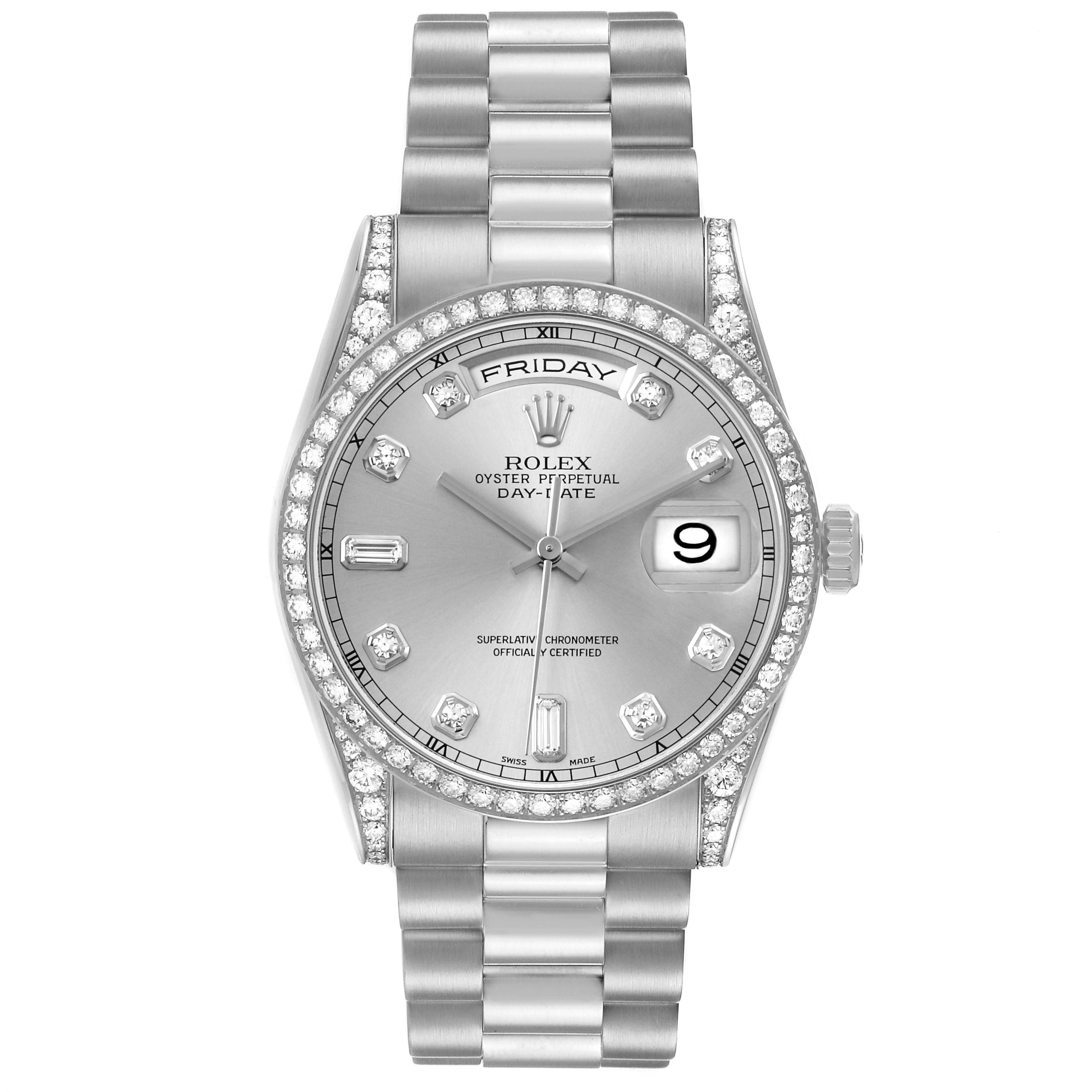 The Rolex President 118386 Men's Platinum Silver Dial watch is shown from a top view, featuring the full face, bezel, and part of the bracelet.