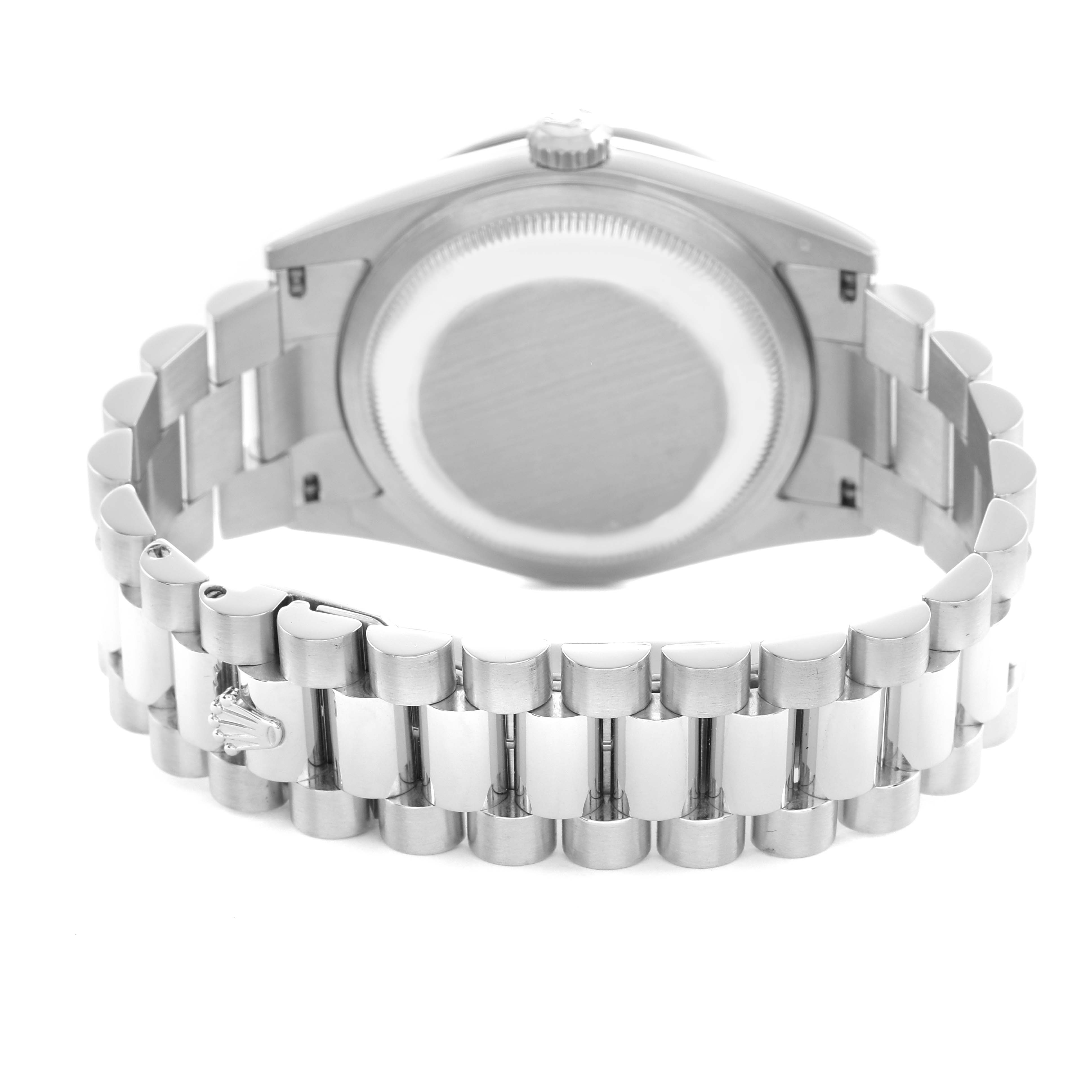The image shows the back view of a Rolex President 118386 Men's Platinum Silver Dial model, highlighting the bracelet and case back.