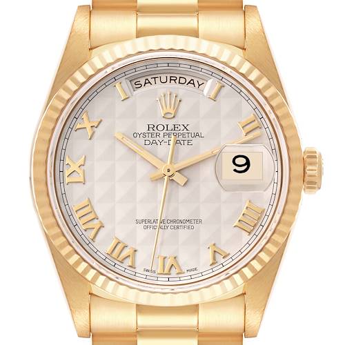 Photo of Rolex President Day-Date Pyramid Dial Yellow Gold Mens Watch 18238 Box Papers