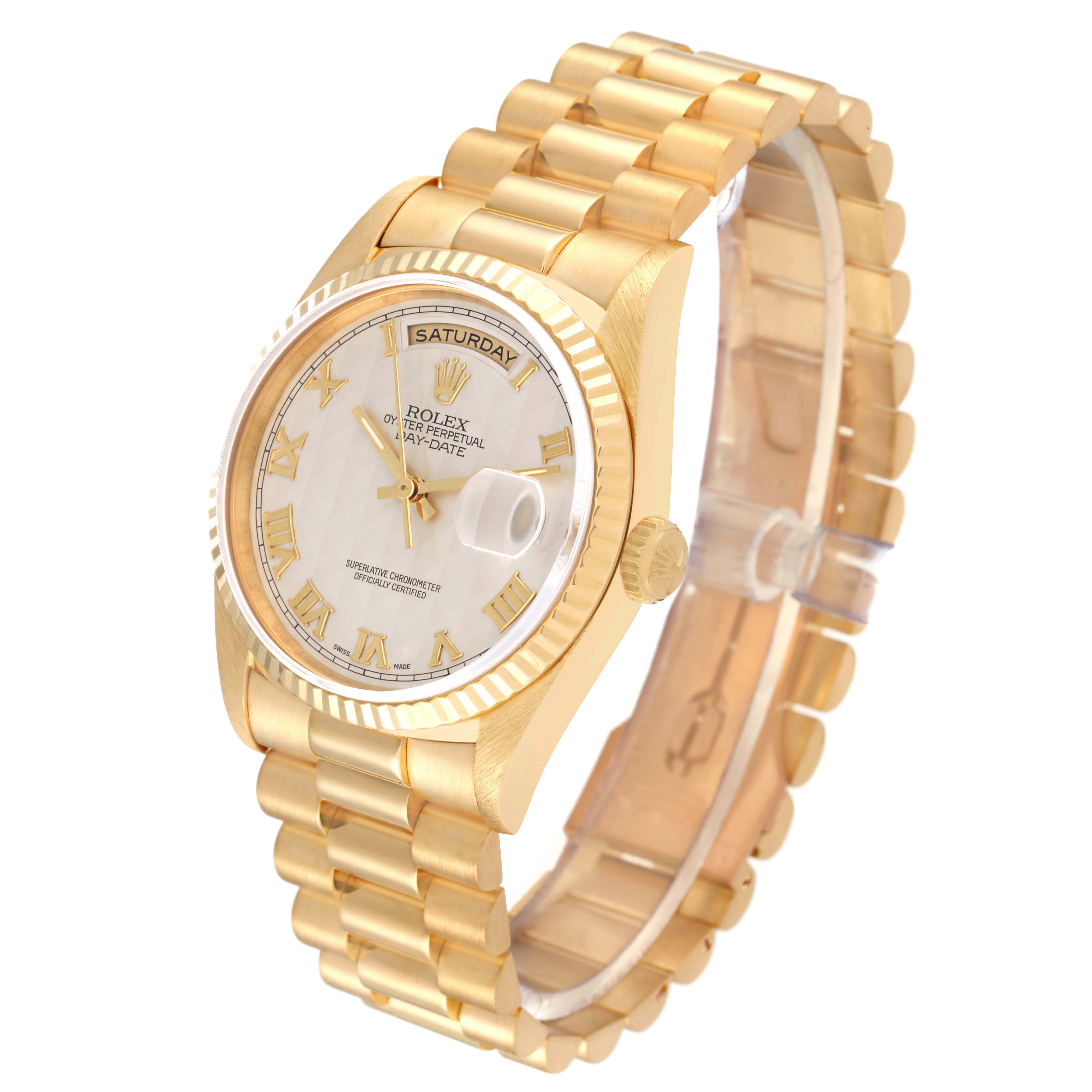 This image shows a side angled view of a Rolex President 18238 Men's Yellow Gold Beige Dial 18238 Men's Yellow Gold Beige Dial model watch, detailing the face, crown, and bracelet.