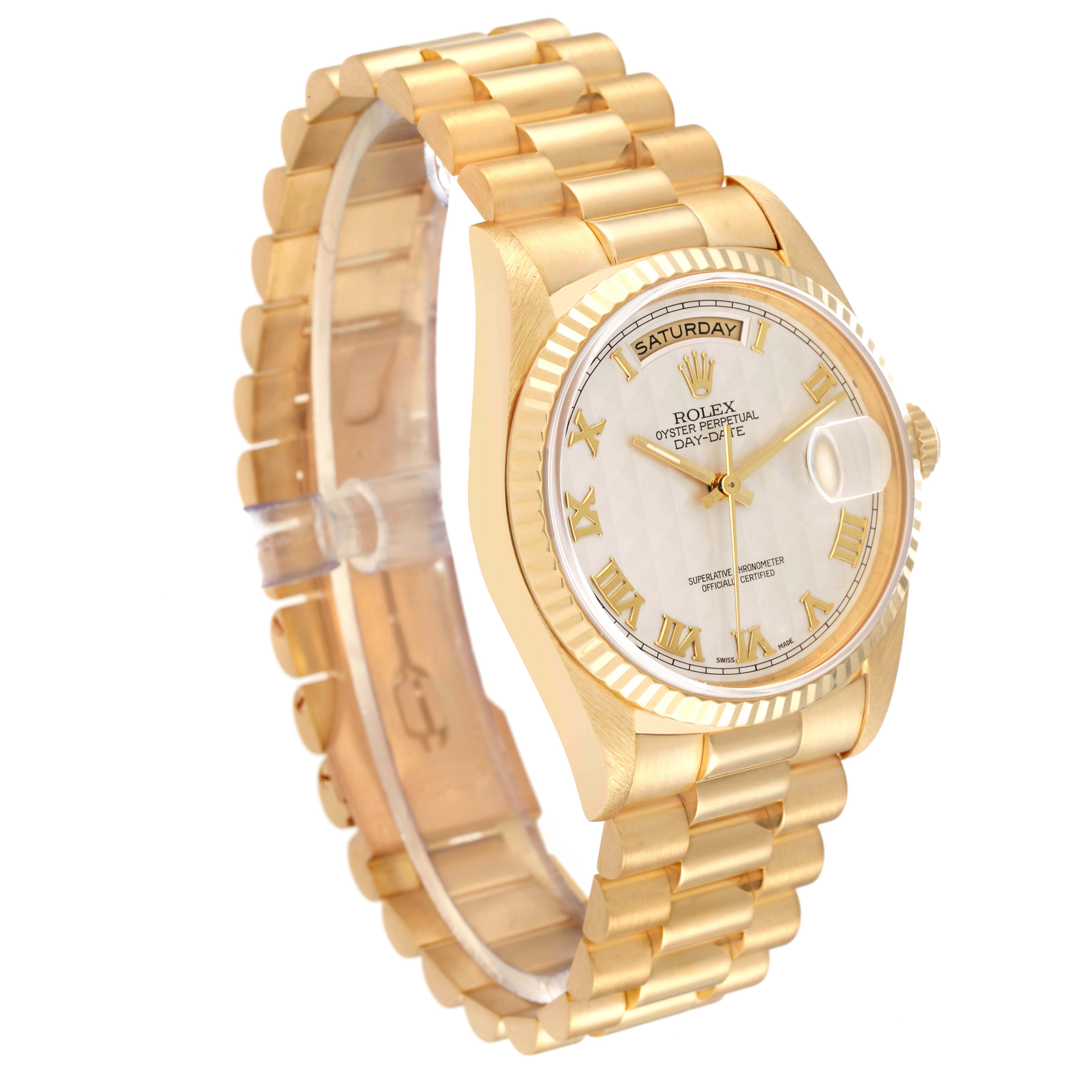 The image shows a side angle view of a Rolex President 18238 Men's Yellow Gold Beige Dial 18238 Men's Yellow Gold Beige Dial model watch, highlighting the face, bracelet, and bezel.