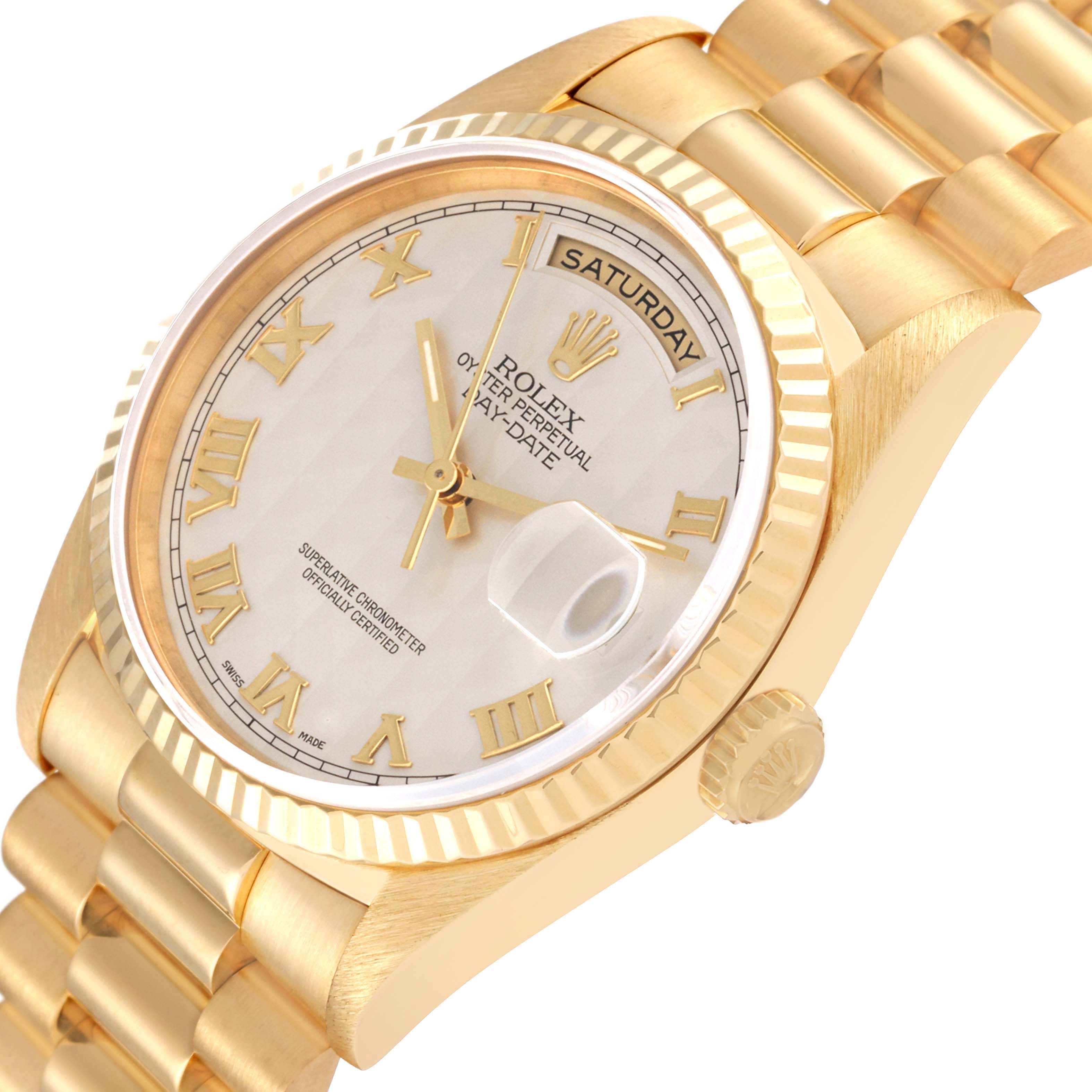 This image shows the President model by Rolex at a side angle, showcasing the dial, fluted bezel, and part of the bracelet.