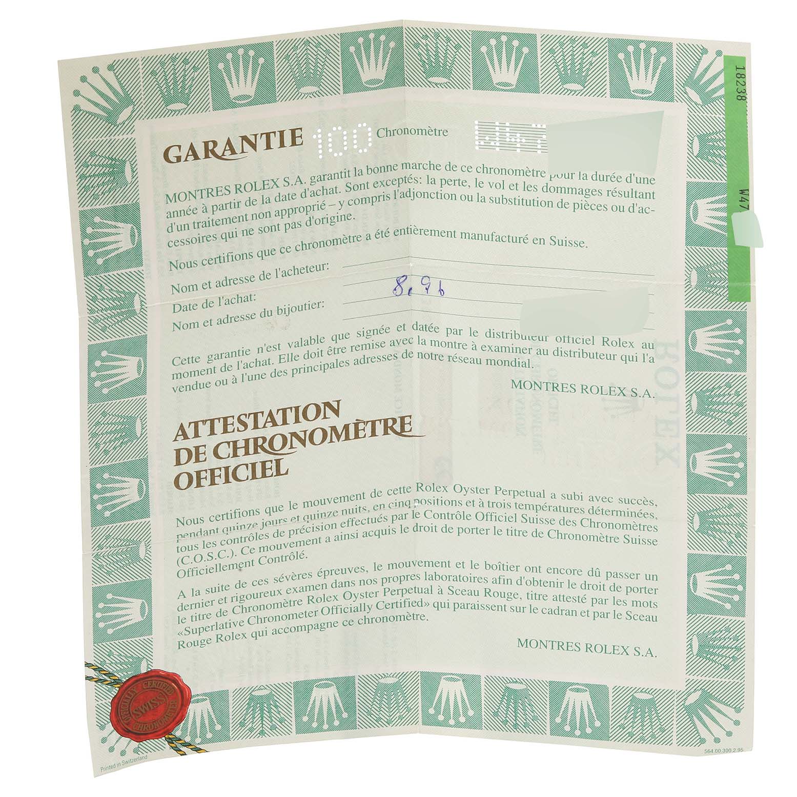 This shows a warranty and chronometer certificate for a Rolex President 18238 Men's Yellow Gold Beige Dial 18238 Men's Yellow Gold Beige Dial model watch.