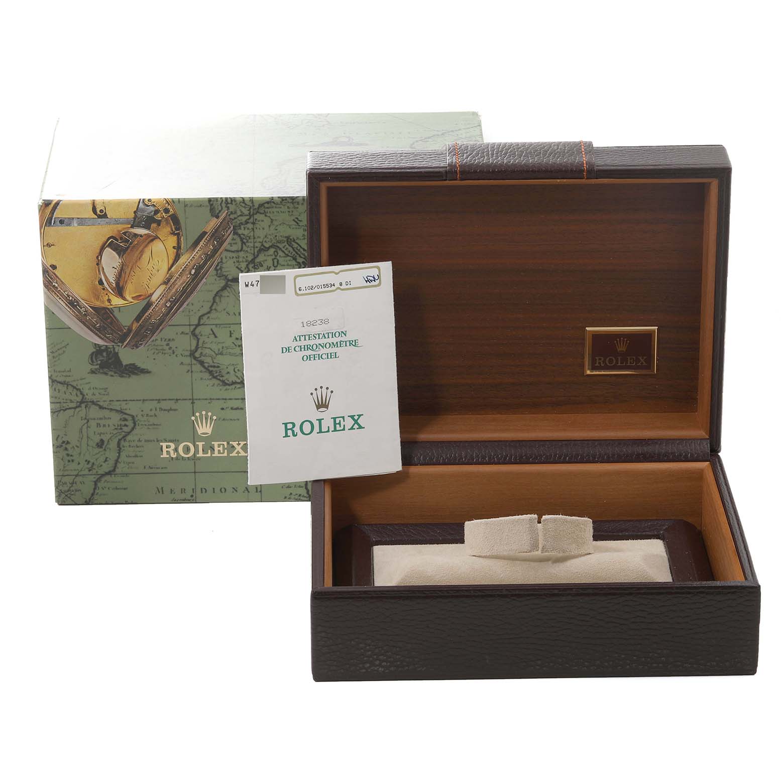 This image shows a Rolex President 18238 Men's Yellow Gold Beige Dial 18238 Men's Yellow Gold Beige Dial model watch box and certificate from an open angle.