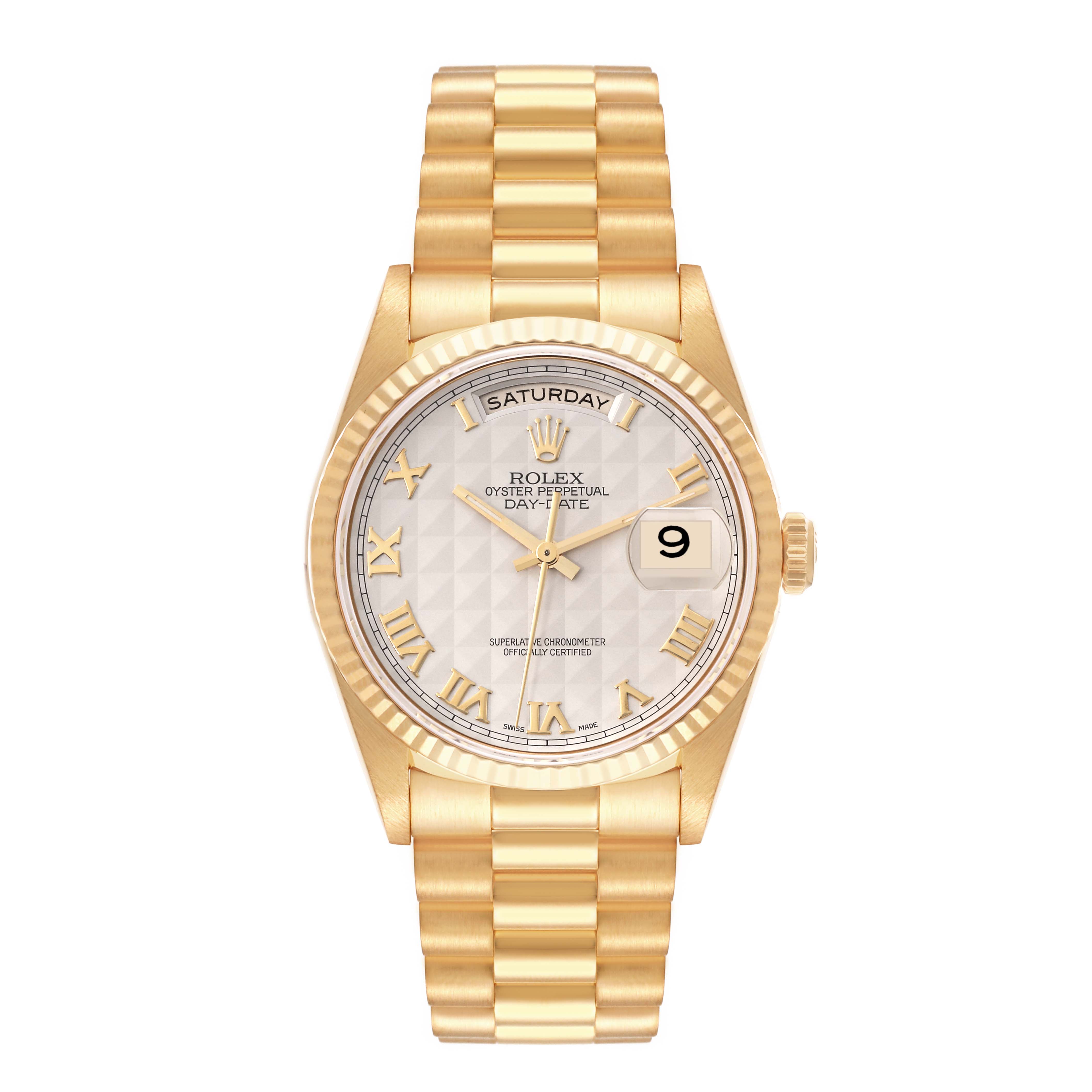The image shows the front view of a Rolex President 18238 Men's Yellow Gold Beige Dial 18238 Men's Yellow Gold Beige Dial watch, displaying its face, hands, bezel, and bracelet.