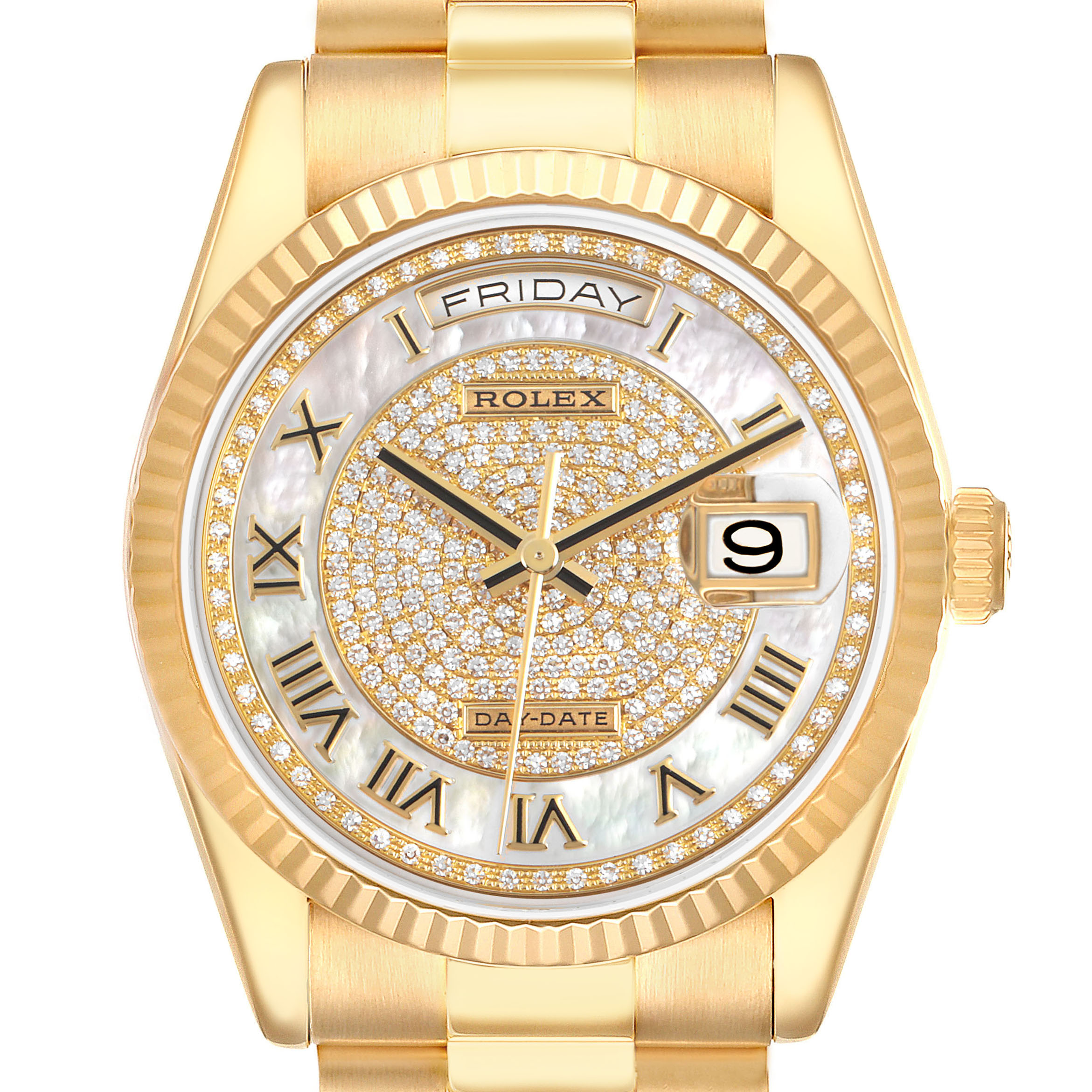 The Rolex President 118238 Men's Yellow Gold Mother of Pearl Dial model watch is shown from a top-down angle, highlighting its dial, bezel, and part of the bracelet.