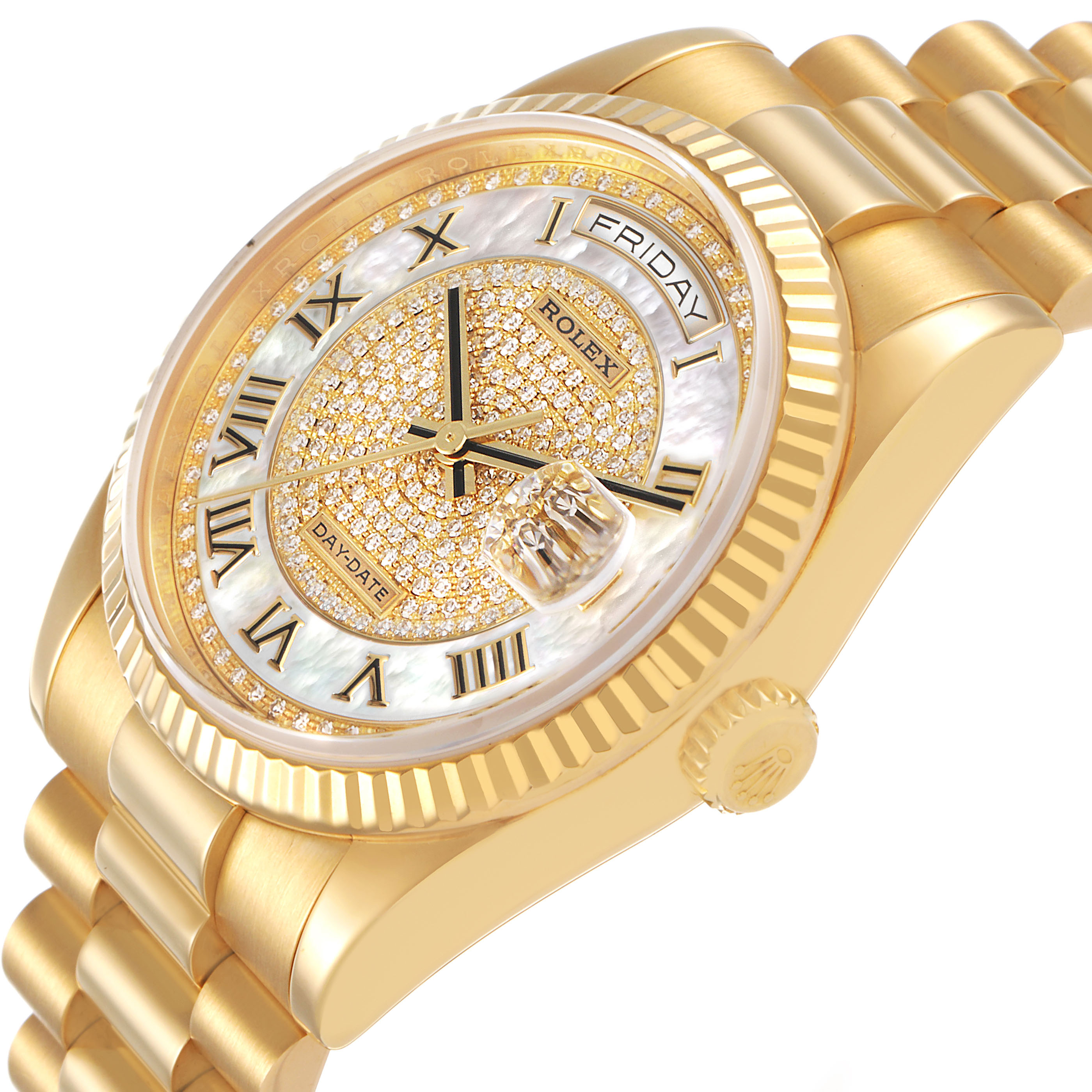 The Rolex President 118238 Men's Yellow Gold Mother of Pearl Dial watch is shown at an angled view, highlighting the dial, day-date display, fluted bezel, and bracelet.