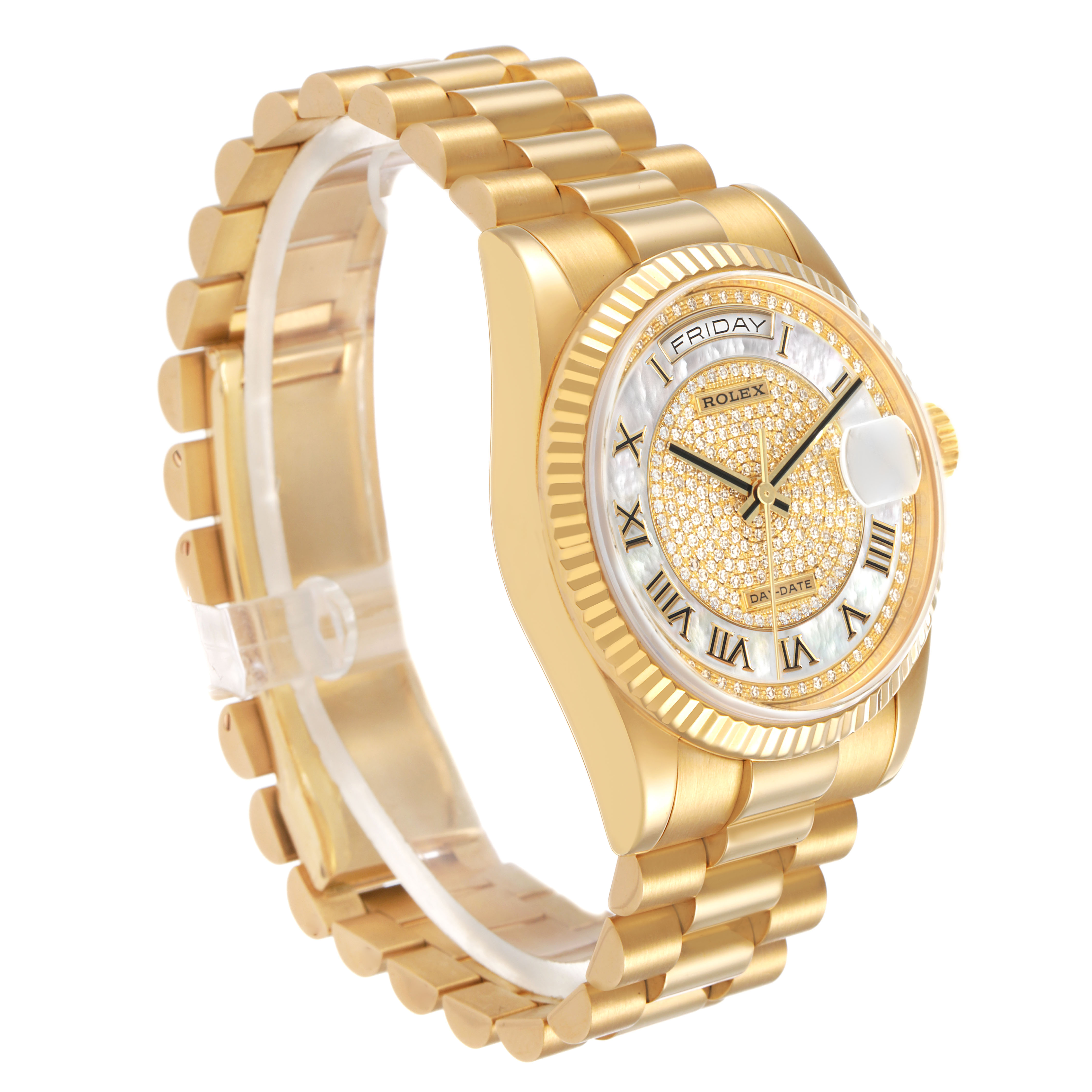 The Rolex President 118238 Men's Yellow Gold Mother of Pearl Dial model is shown at a three-quarter angle, displaying the dial, bezel, bracelet, and crown.