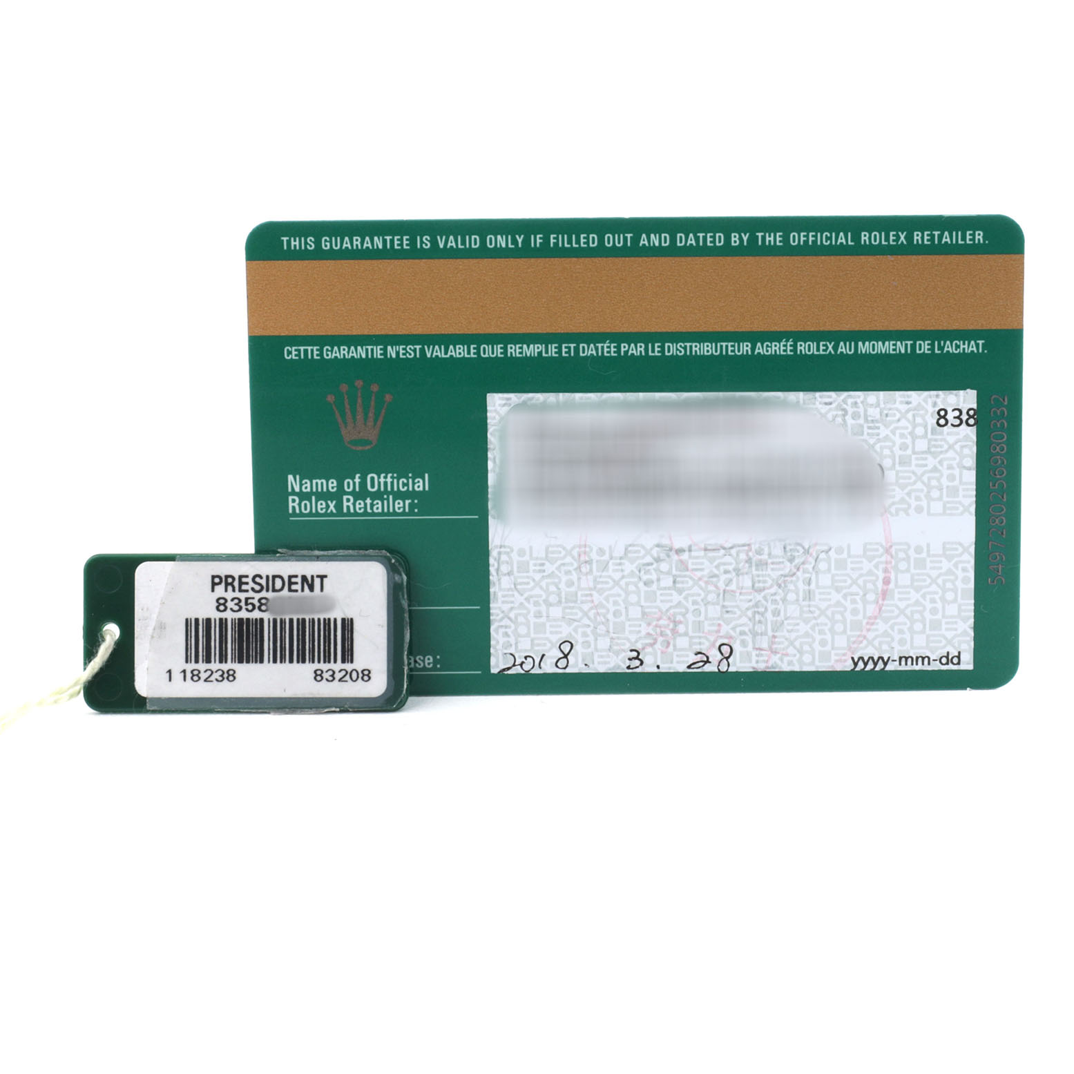 The image shows an official Rolex retailer card and a tag for the President model by Rolex, both viewed from the front.