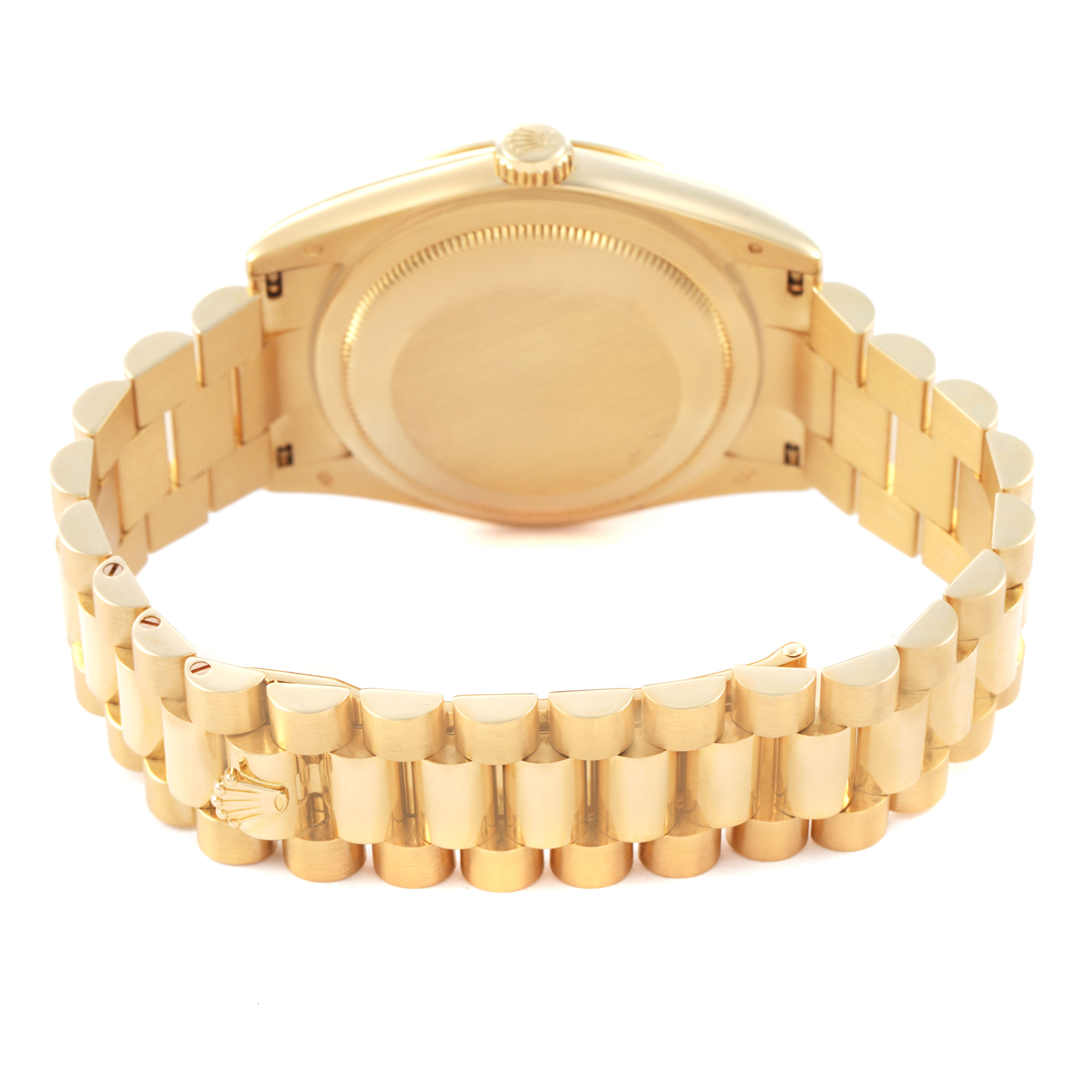 The image shows the back view of a Rolex President 118238 Men's Yellow Gold Mother of Pearl Dial model watch, focusing on its case back and linked bracelet.