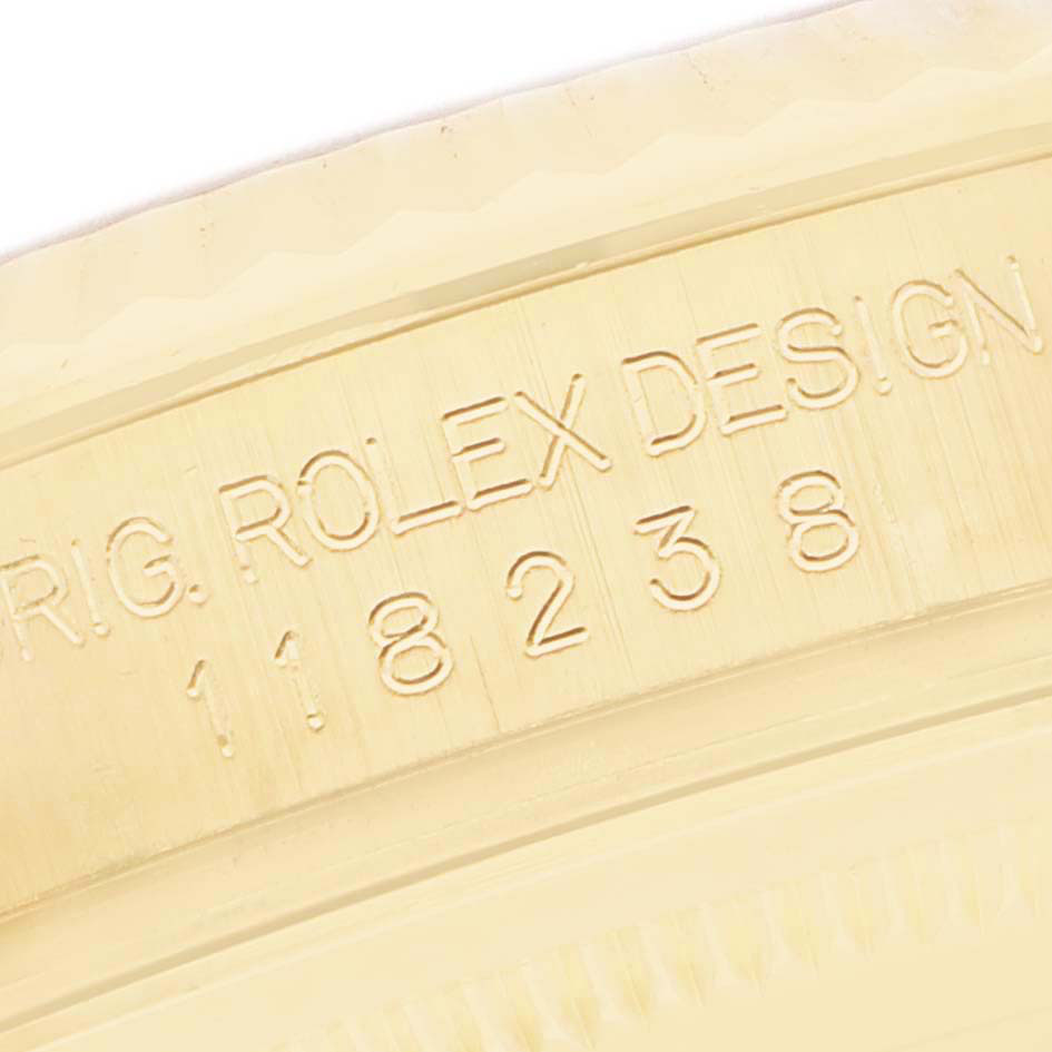 The image shows an engraved side detail of the Rolex President 118238 Men's Yellow Gold Mother of Pearl Dial model, displaying the model number "118238."