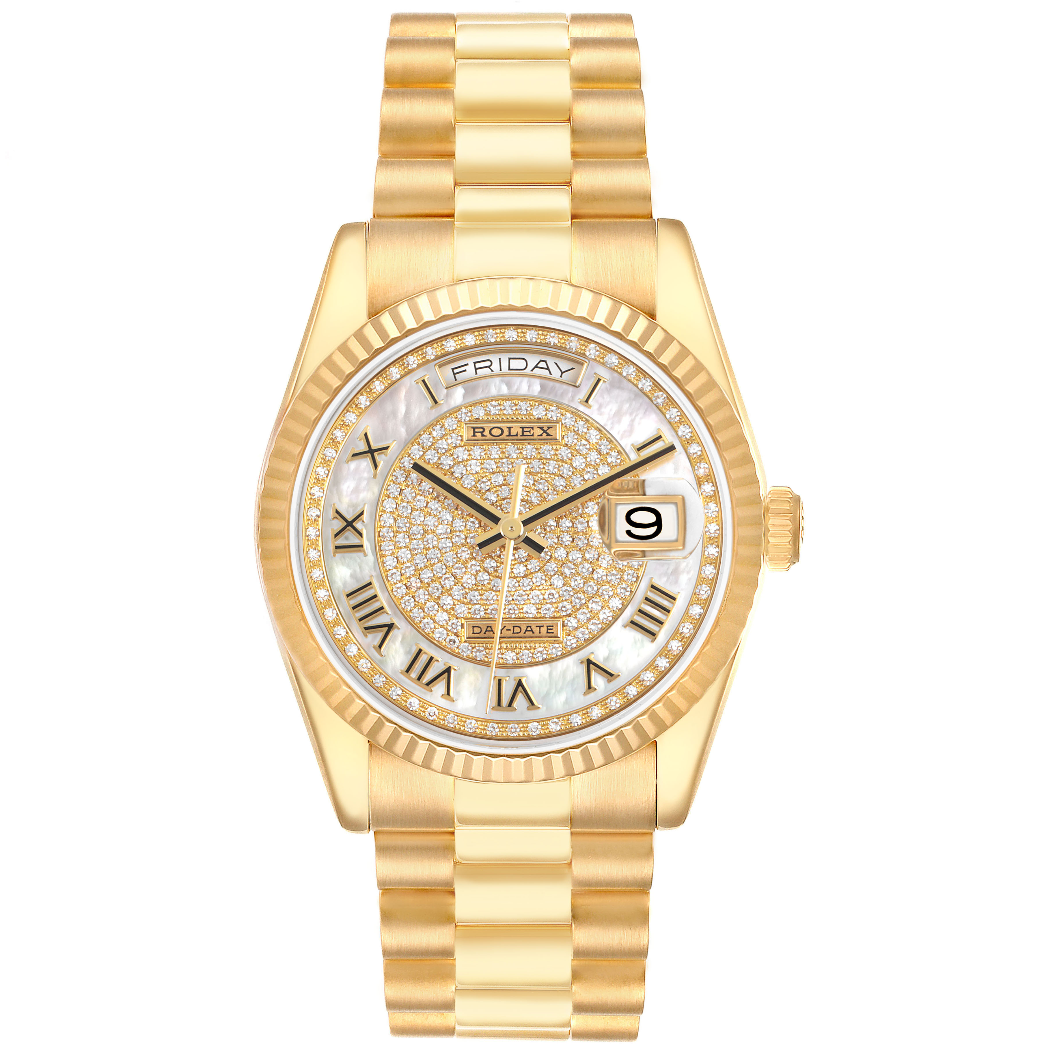 The Rolex President 118238 Men's Yellow Gold Mother of Pearl Dial watch is shown from the front, displaying its dial, bezel, crown, and bracelet.