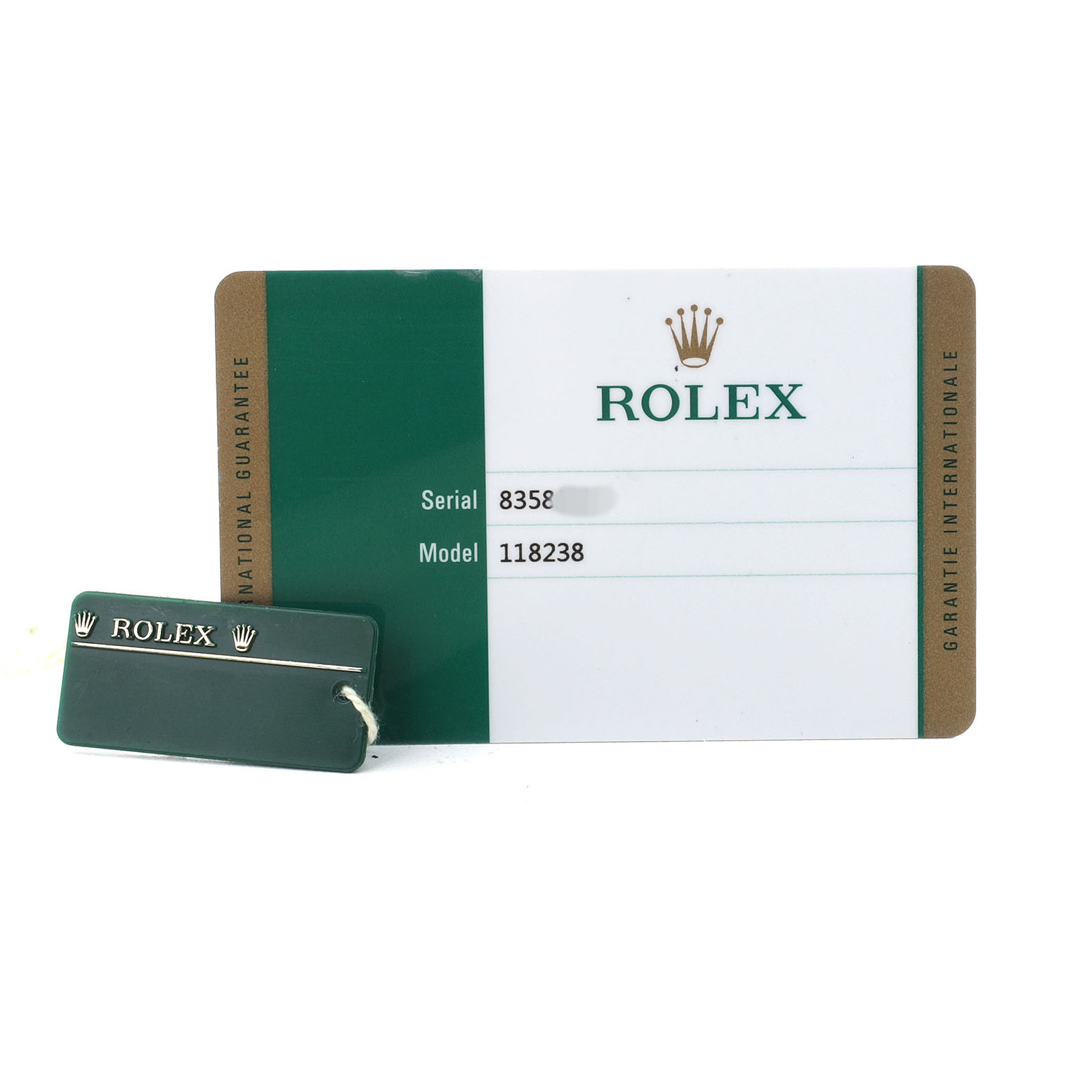 The image shows the international guarantee card and tag for the Rolex President 118238 Men's Yellow Gold Mother of Pearl Dial model, with emphasis on serial and model numbers.