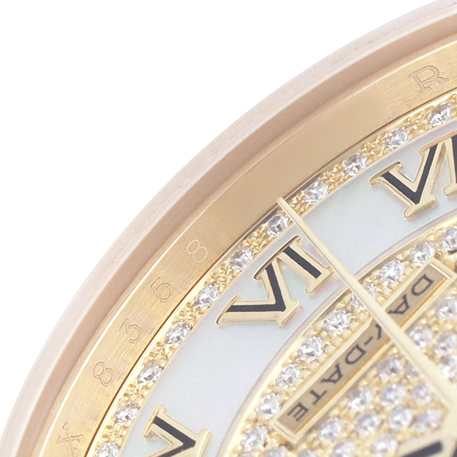 The image displays a close-up of the Rolex President 118238 Men's Yellow Gold Mother of Pearl Dial model's partially visible dial with Roman numerals and diamond accents.