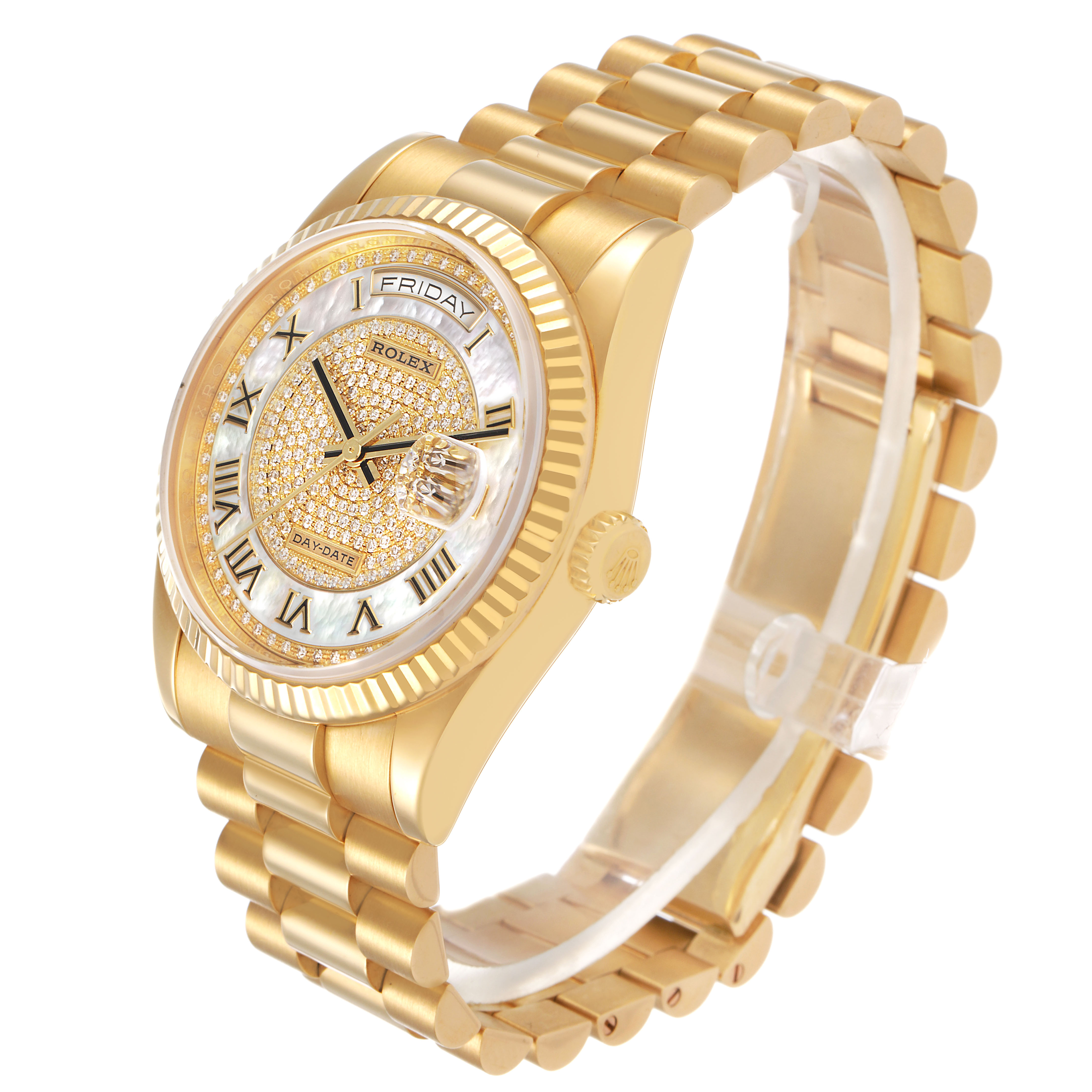 The Rolex President 118238 Men's Yellow Gold Mother of Pearl Dial watch is shown at a three-quarter angle, highlighting the dial, bracelet, and fluted bezel.