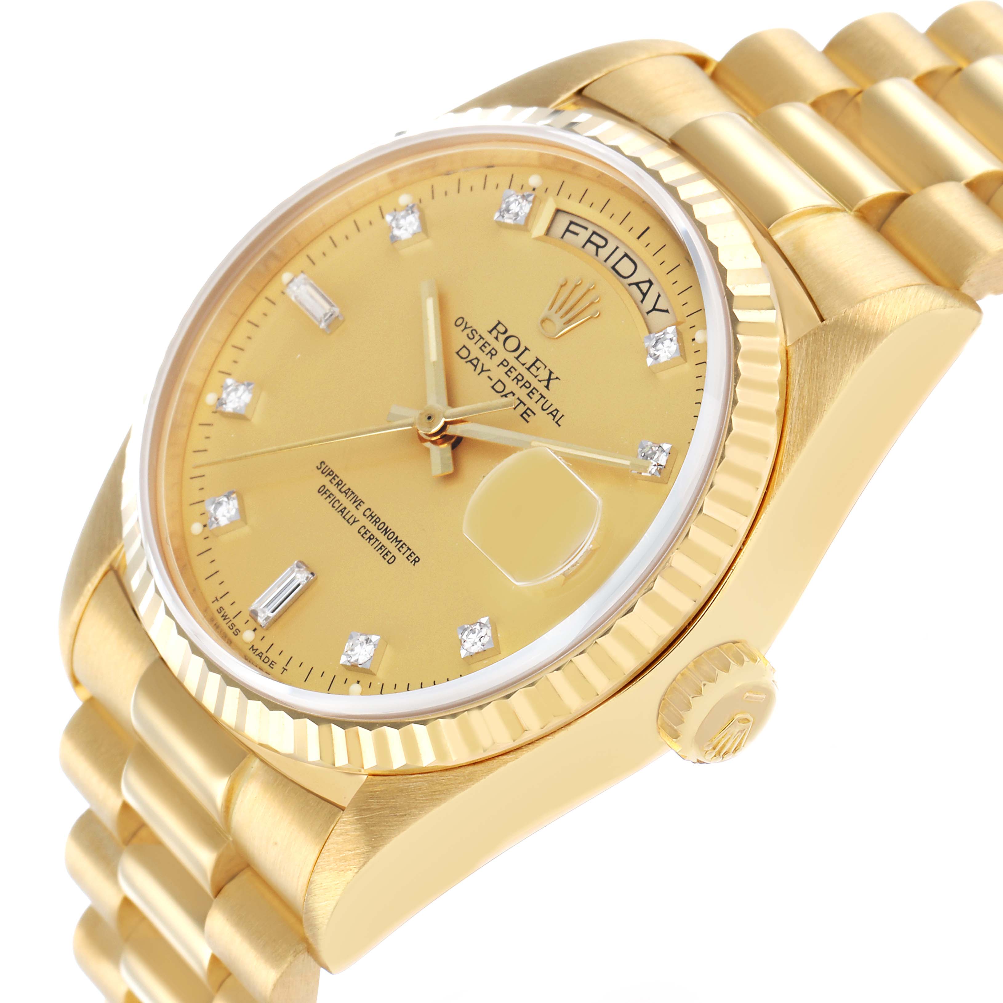 The Rolex President 18038 Men
s Yellow Gold Champagne Dial model is shown from an angled side view, highlighting the gold dial, diamond markers, bezel, crown, and bracelet.