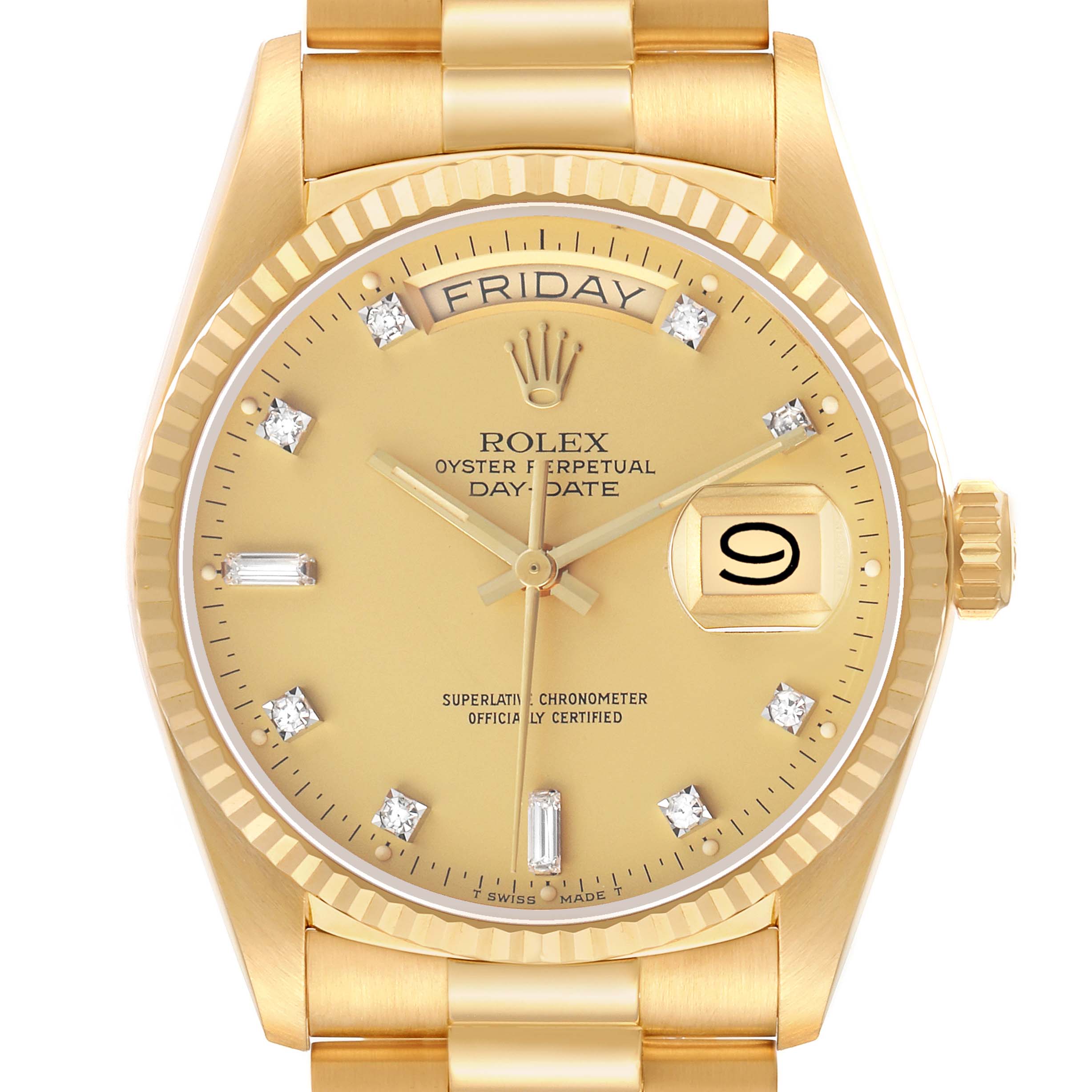 The Rolex President 18038 Men
s Yellow Gold Champagne Dial model is shown from the front, displaying the dial, bezel, case, and part of the bracelet.