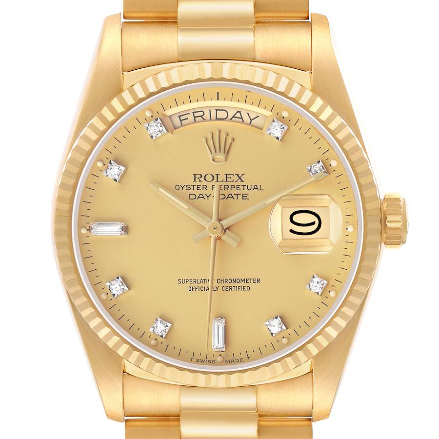 The Rolex President 18038 Men's Yellow Gold Champagne Dial model is shown from the front, displaying the dial, bezel, case, and part of the bracelet.