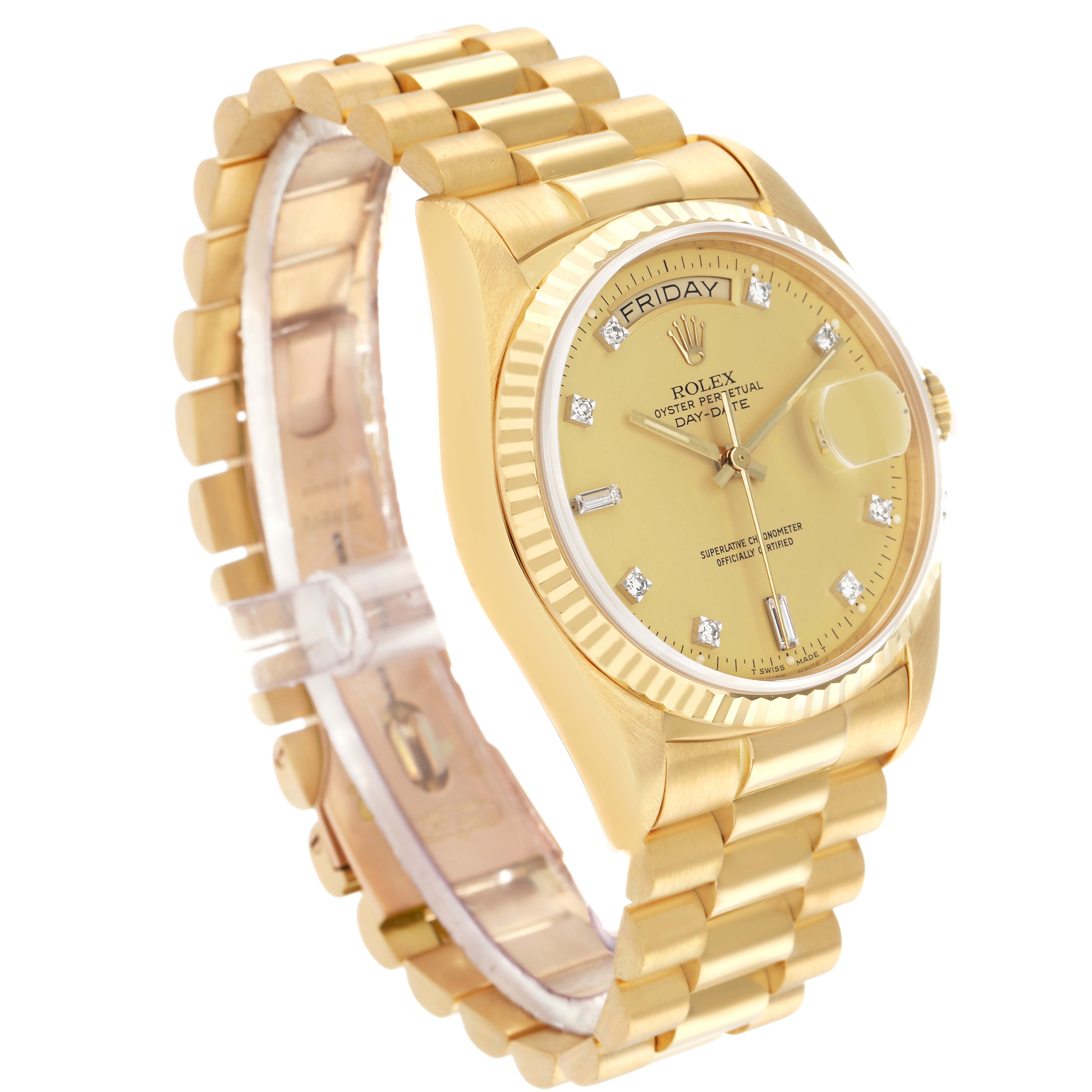 The image shows a Rolex President 18038 Men
s Yellow Gold Champagne Dial model watch at a slight angle, highlighting the dial, bezel, case, and bracelet.