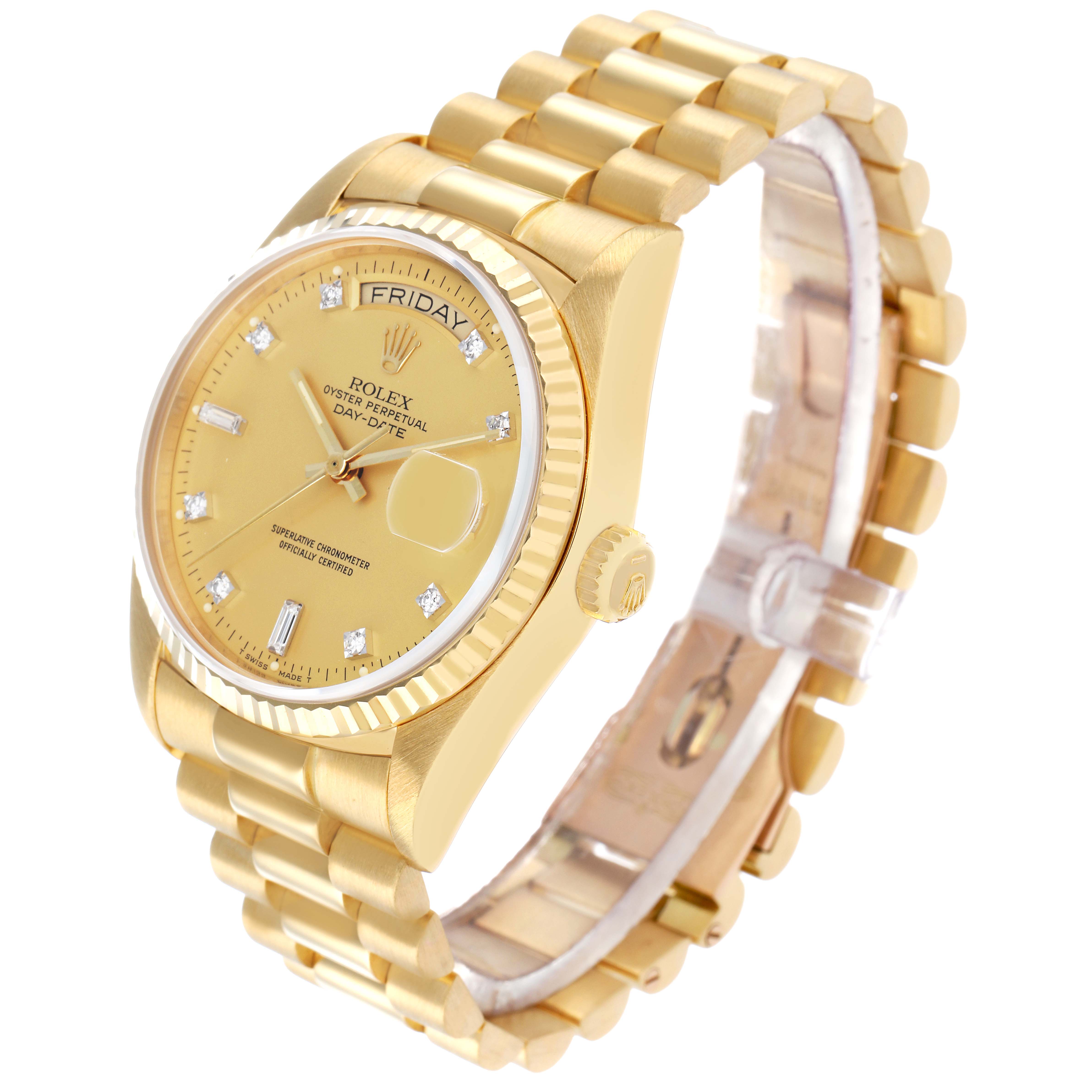The Rolex President 18038 Men
s Yellow Gold Champagne Dial model watch is shown at a three-quarter angle, displaying the dial, bracelet, and crown.