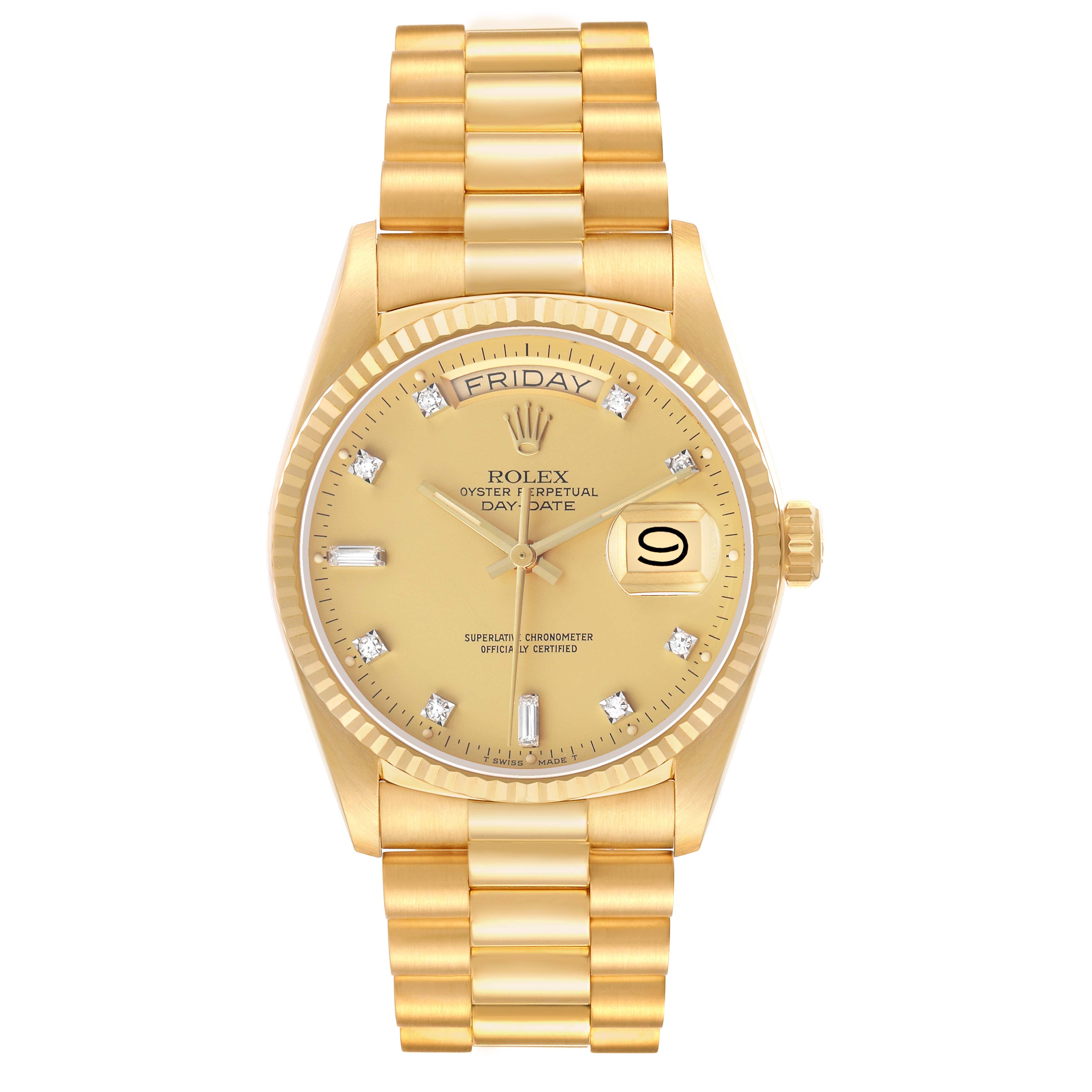 The Rolex President 18038 Men
s Yellow Gold Champagne Dial watch is shown from a front angle, displaying the dial, bezel, day-date window, and bracelet.